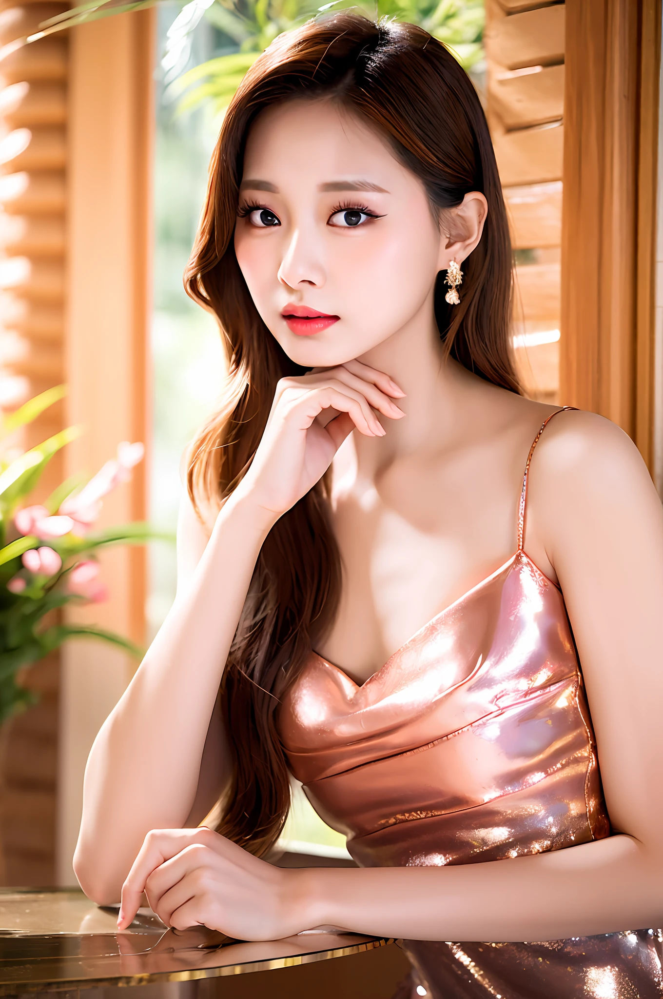 Gentle and charming Chinese beautiful woman, full body shot, delicate and sexy collarbone, charming oval face, double eyelids, vivid peach blossom eyes, pink lips, small nose, bare shoulders, focused face, close-up face, ultra-high-definition, Super details, elegant standing, sheer chiffon nightdress