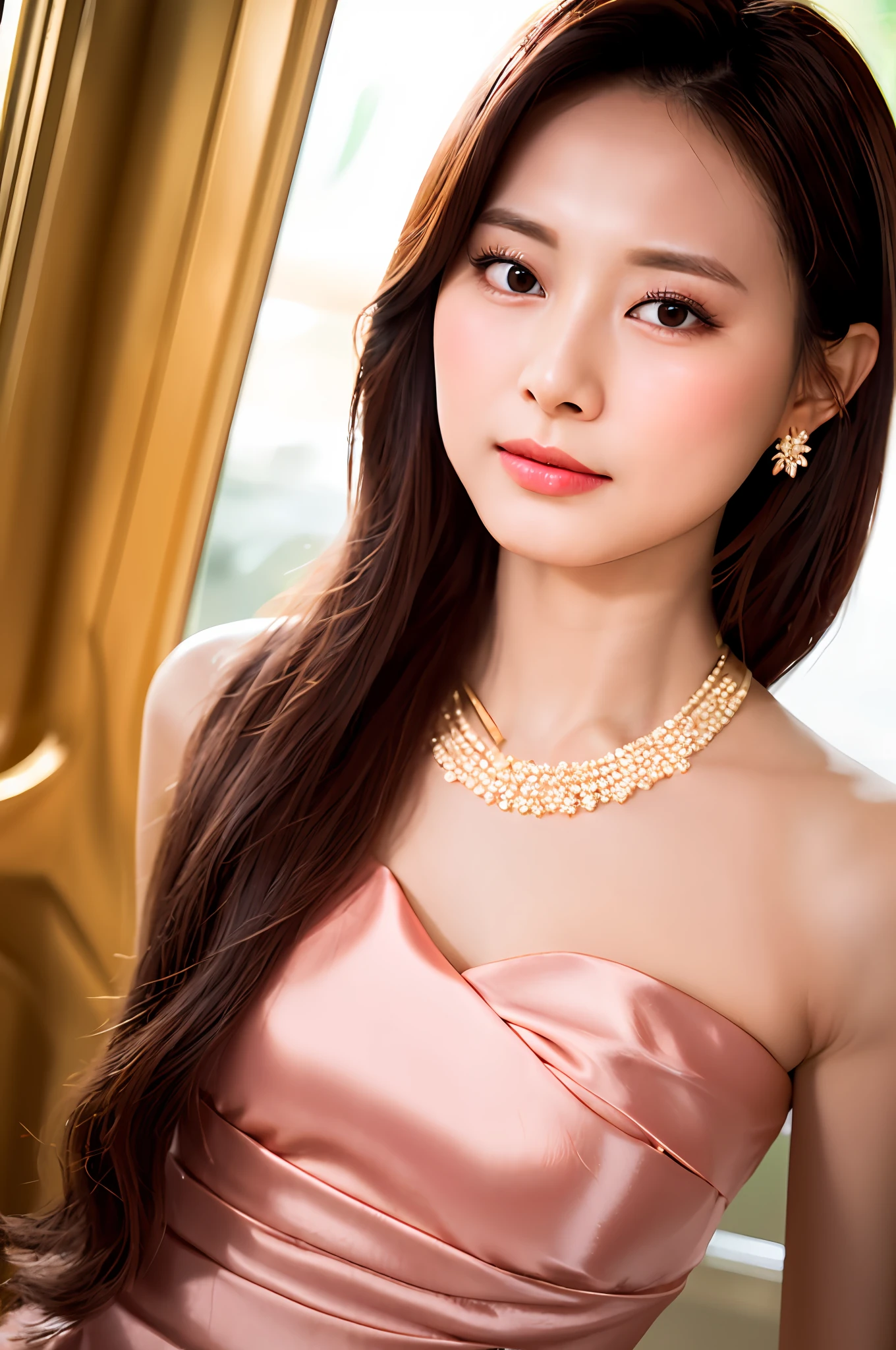 Gentle and charming Chinese beautiful woman, full body shot, delicate and sexy collarbone, charming oval face, double eyelids, vivid peach blossom eyes, pink lips, small nose, bare shoulders, focused face, close-up face, ultra-high-definition, Super details, elegant standing, sheer chiffon nightdress