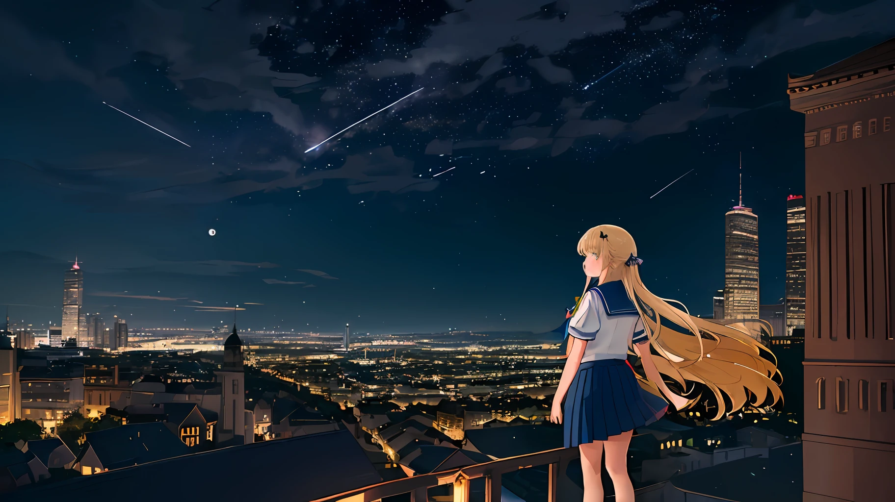 ((masterpiece, best quality, high resolution, super resolution, super detailed, ultra detailed, rich background)), 1girl, solo, green eyes, blonde long hair tied with blue ribbon, blunt bangs, cute hairpin, lying on ground, school uniform, serafuku, red sailor collar, short sleeves, blue pleated skirt,(outdoor), on top of hill, city scenery behind, scenery, nighttime, dark, lowlight, moon, moonlight, dynamic light, shooting star