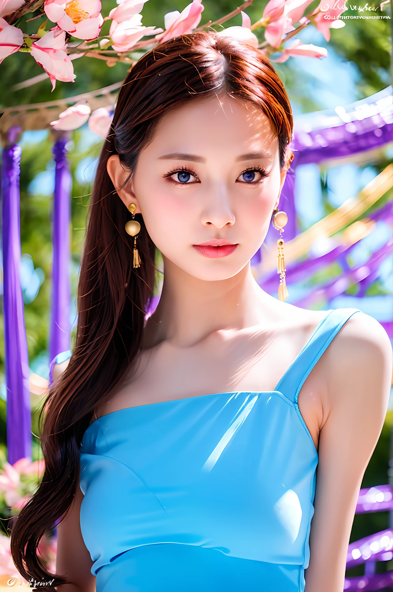 Gentle and charming Chinese beautiful woman, half body photo, delicate and sexy collarbone, charming oval face, double eyelids, smart peach blossom eyes, pink lips, small upturned nose, bare shoulders, focused face, face close-up, ultra-high-definition, Super details, elegant standing posture, blue simple top with blue simple leggings, women's clothing matching, shape requirements to wear a blue simple top with blue simple leggings