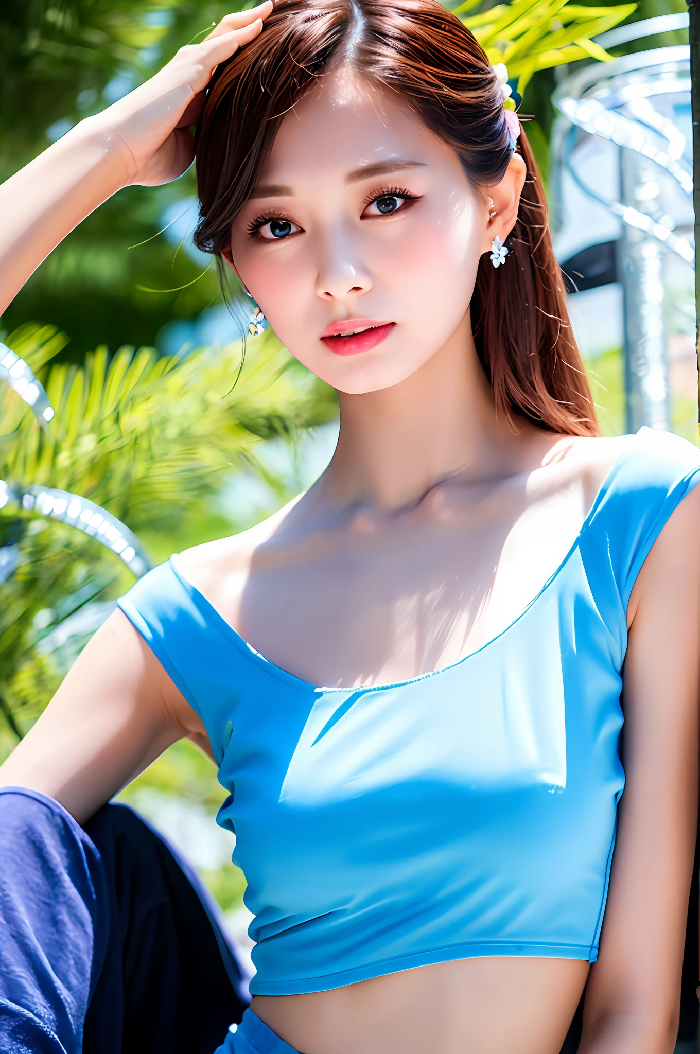 Gentle and charming Chinese beautiful woman, half body photo, delicate and sexy collarbone, charming oval face, double eyelids, smart peach blossom eyes, pink lips, small upturned nose, bare shoulders, focused face, face close-up, ultra-high-definition, Super details, elegant standing posture, blue simple top with blue simple leggings, women&#39;s clothing matching, shape requirements to wear a blue simple top with blue simple leggings