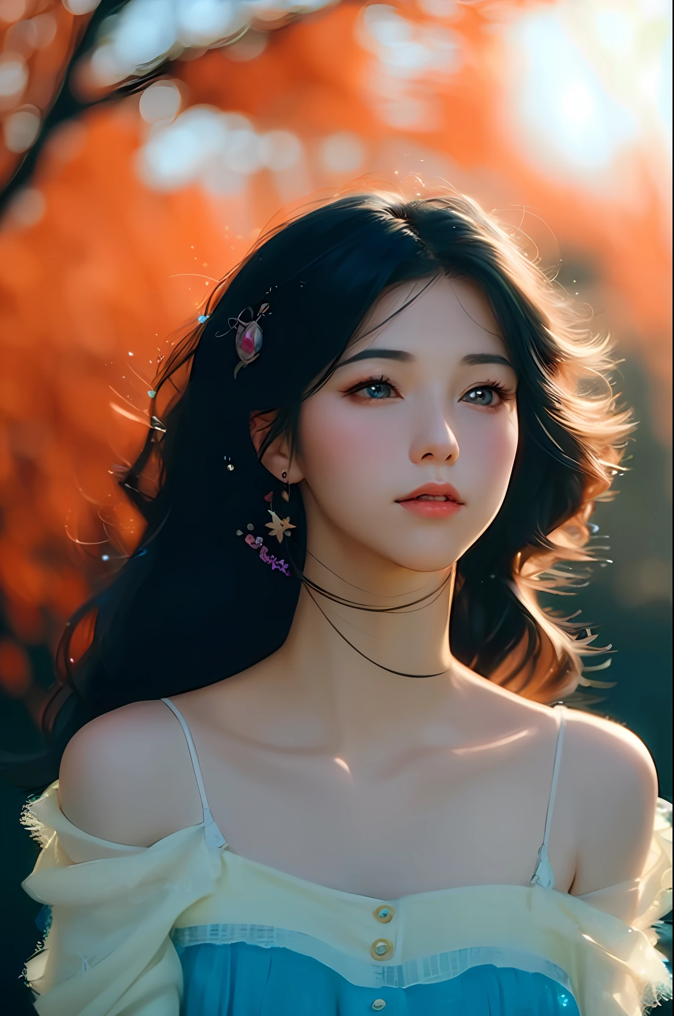 (extremely detailed CG unity 8k wallpaper,masterpiece, best quality, ultra-detailed),(an extremely delicate and beautiful long-haired girl wearing a blue dress with a beautiful face and detailed features),(soft portrait shot),(cute, colorful, realistic), Korean woman, stunning portrait, high-quality portrait photography, beautiful colors)