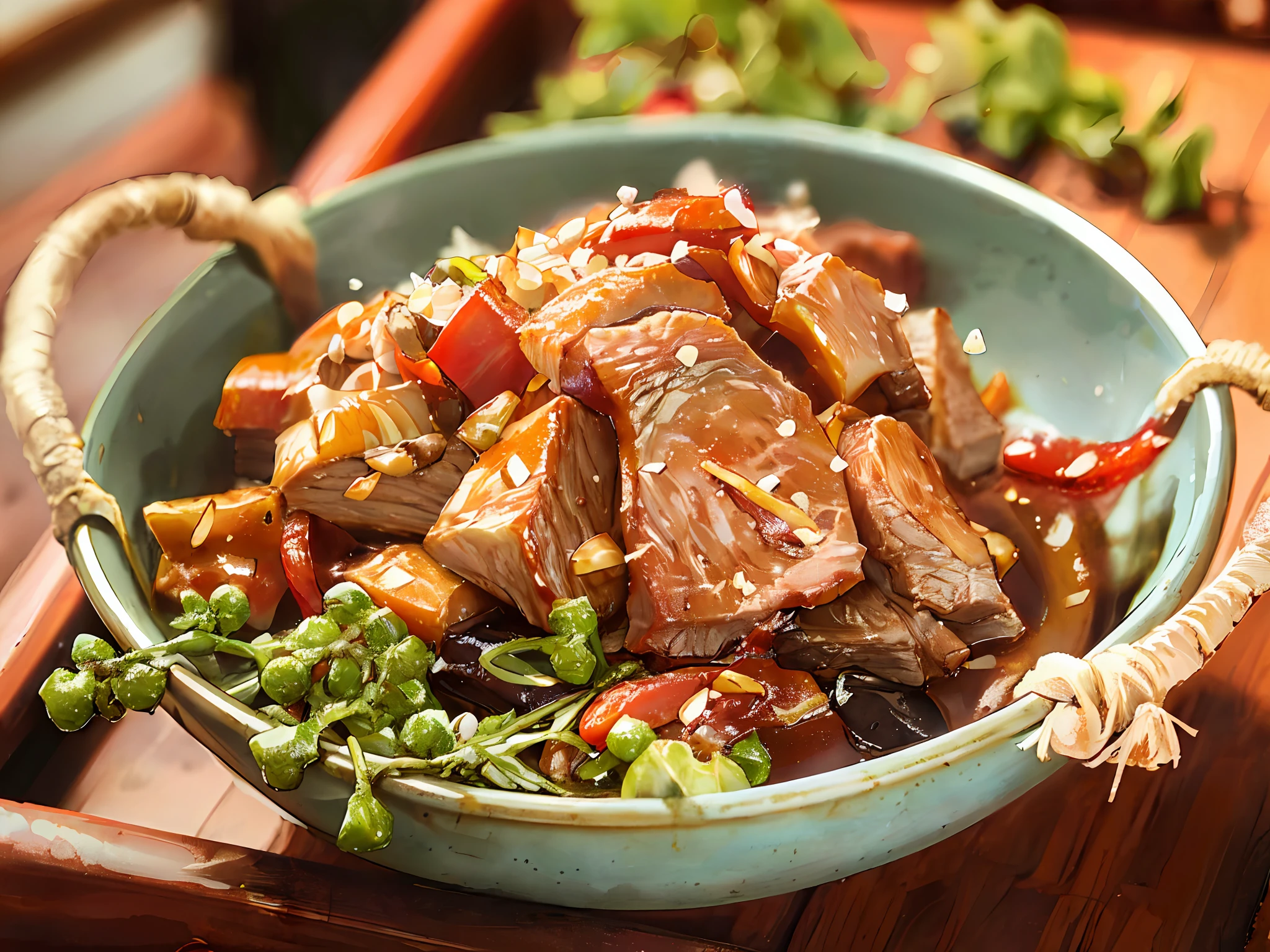 Braised beef, green pepper, red pepper, white sesame, oily, delicious, pepper, delicious, very delicious, colorful --v 6