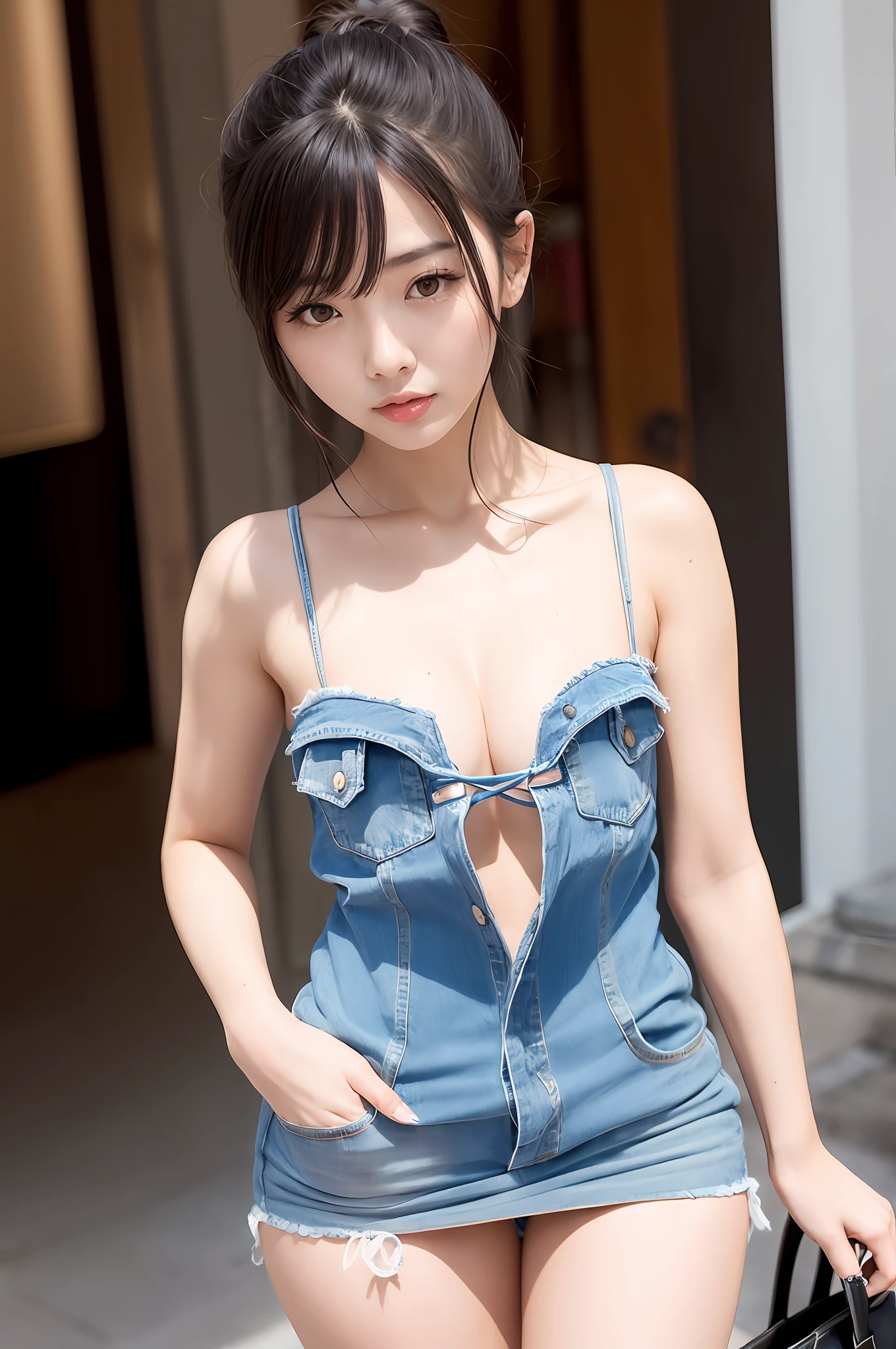 Gentle and charming Chinese beautiful woman, half body photo, delicate and sexy collarbone, charming oval face, double eyelids, smart peach blossom eyes, pink lips, small upturned nose, bare shoulders, focused face, face close-up, ultra-high-definition, Ultra-detailed and classy for standing, this classic denim mini dress from Acne Studios is featured in a cool silhouette that's featured in a sleeveless version for a slim fit with stitched waistband and paneled back for added structure. with handbag