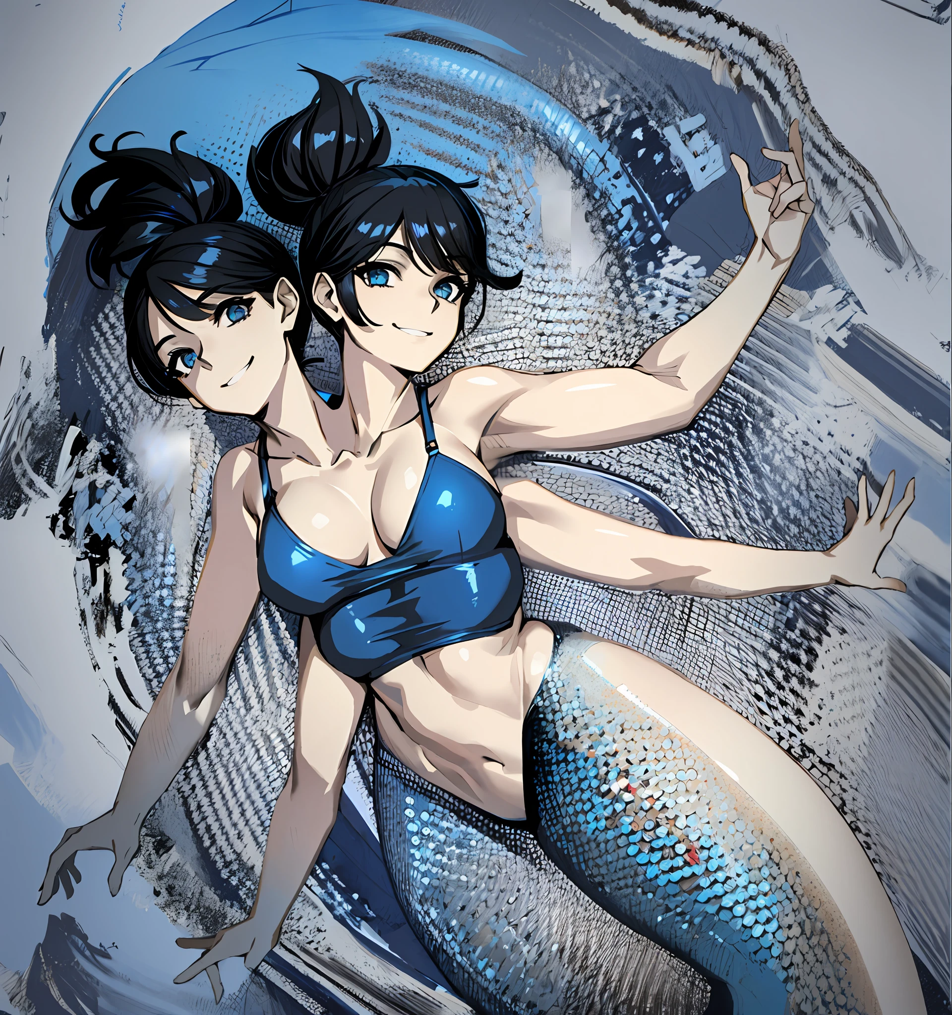 2heads, tribreasts, solo, close up, posing, long black hair, smiling, blue swimsuit, extra arms, four arms, mermaid tail, outside,