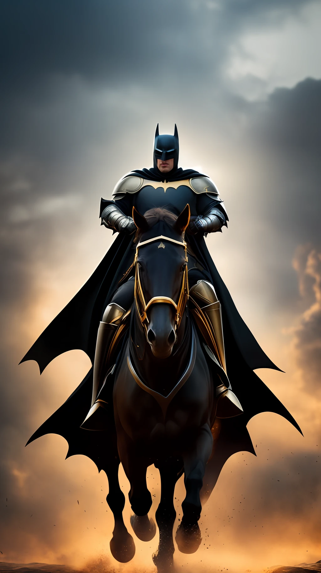 epic movie poster, medieval knight as batman , suit made in iron and gold, riding a black horse, trending on artstation,professional digital art, uhd, hi detailing, dramatic lighting, best quality, high quality, highres, bright amazing lighting, detail enhancement, high resolution fix,