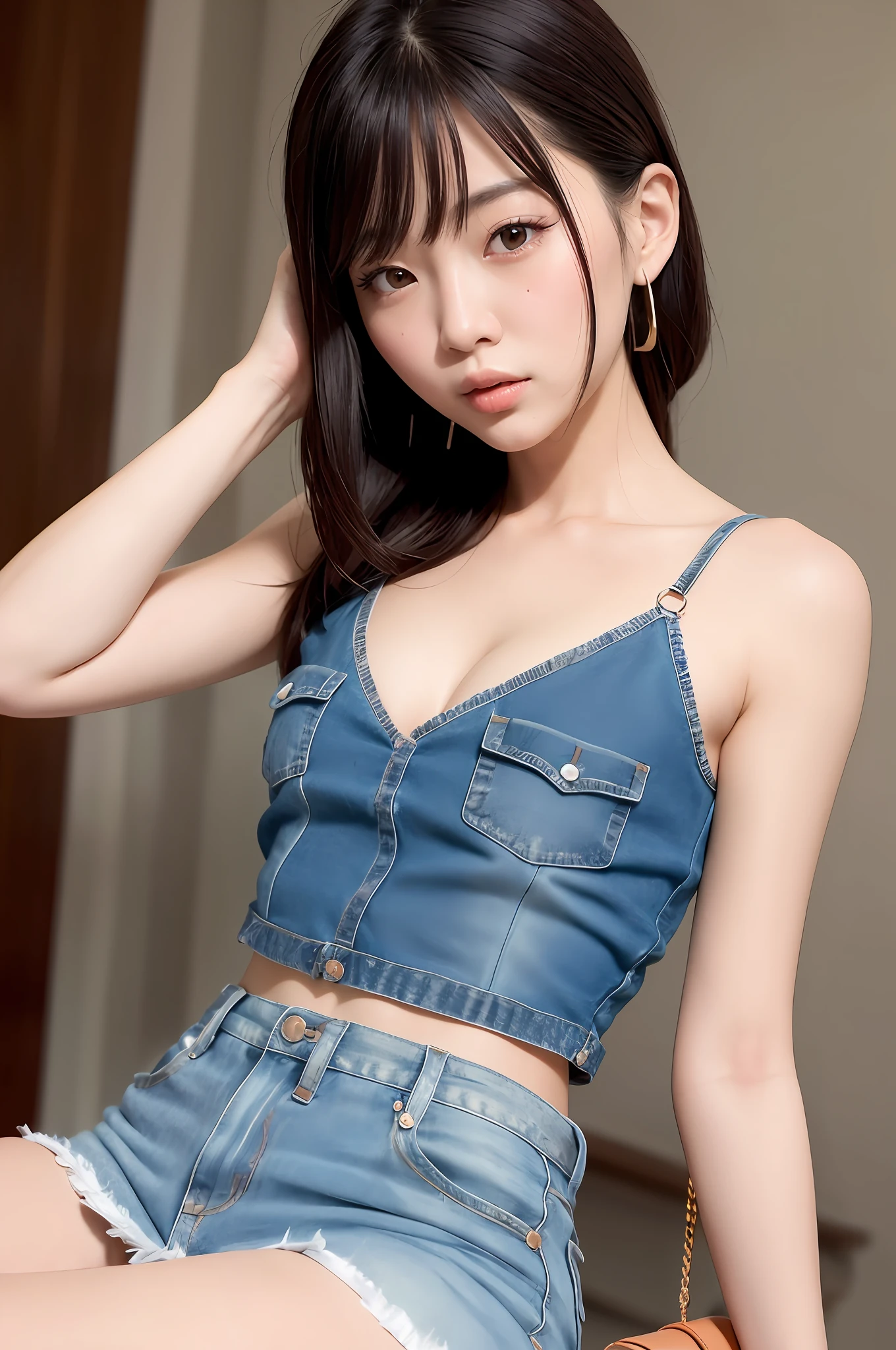 Gentle and charming Chinese beautiful woman, half body photo, delicate and sexy collarbone, charming oval face, double eyelids, smart peach blossom eyes, pink lips, small upturned nose, bare shoulders, focused face, face close-up, ultra-high-definition, Ultra-detailed and classy for standing, this classic denim mini dress from Acne Studios is featured in a cool silhouette that's featured in a sleeveless version for a slim fit with stitched waistband and paneled back for added structure. with handbag