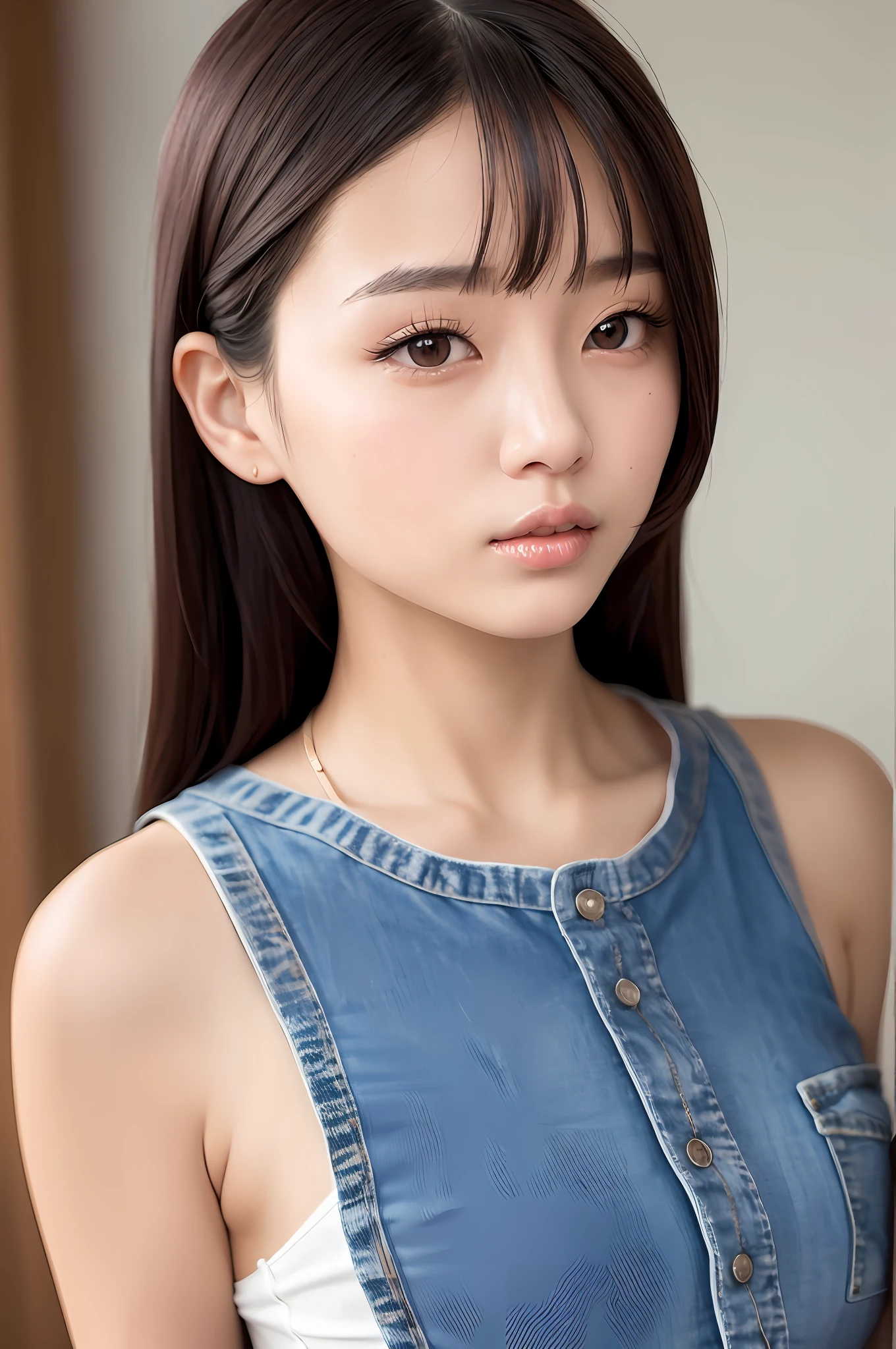 Gentle and charming Chinese beautiful woman, half body photo, delicate and sexy collarbone, charming oval face, double eyelids, smart peach blossom eyes, pink lips, small upturned nose, bare shoulders, focused face, face close-up, ultra-high-definition, Ultra-detailed and classy for standing, this classic denim mini dress from Acne Studios is featured in a cool silhouette that's featured in a sleeveless version for a slim fit with stitched waistband and paneled back for added structure. with handbag