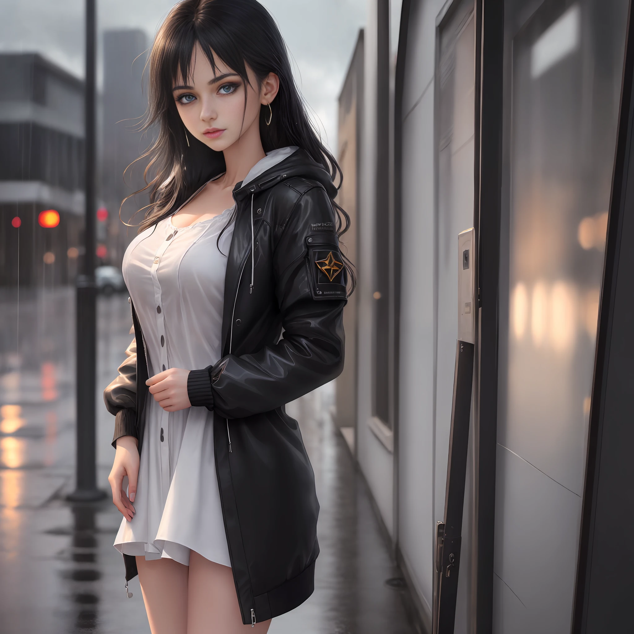 (masterpiece), best quality, highest quality, extremely detailed CG unity 8k wallpaper, complex and intricate, original,high res, cinematic lighting,
\\
beautifully detailed background, depth of field,loli:0.1,realistic:1.3,
(ambient light:1.3),(cinematic composition:1.3),(neon lights:0.1),(HDR:1), Accent Lighting,
\\
(25yo),extremely detailed_eyes, fingernails, sexy, large breasts,
(eyeliner:0.5),(blush:0.5), black hair,
\\
looking at the viewer, solo,
\\
white shirt, full body,

street, tree, rain, cloudy, afterglow, cityscape,

pureerosface_v1, [:(detailed face:1.2):0.2], shiny eyes, dramatic view,

STARRY, STARRY LIGHT, NIGHT, COLORFUL, CLOUD, STAR \(SKY\),  decent jacket, jacket pull, wind coat pull,
Raining, Rainy, wet, damp body, water drops on skin,
light blush, skinny,
,(raw photo:1.2), (photorealistic:1.4), beautiful detailed girl, extremely detailed eyes and face,
light on face,

Shirt pull, earrings, dynamic expression,
