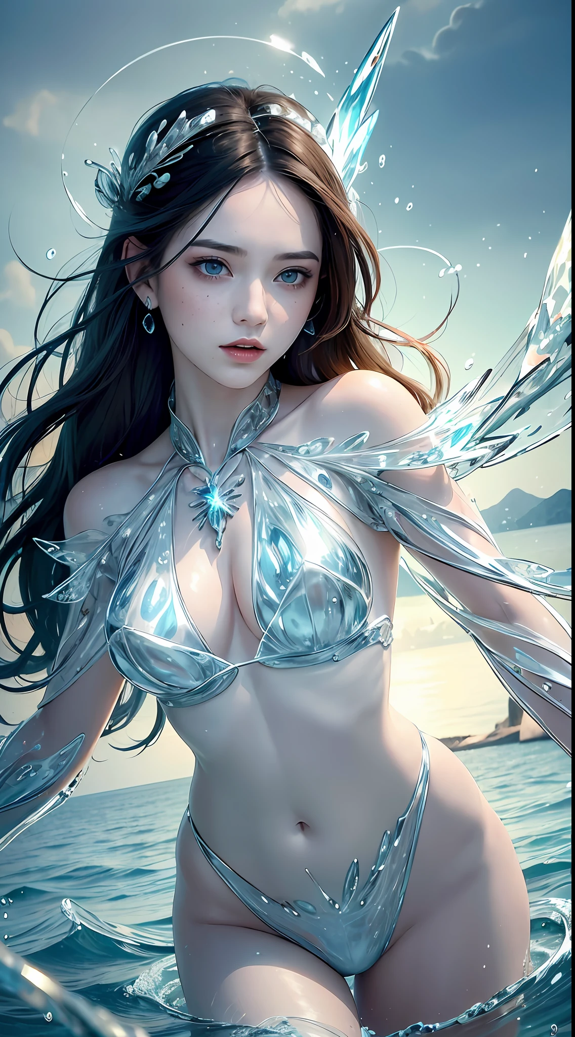 (Masterpiece, Top Quality, Best, Official Art, Beautiful and Aesthetic, Long Exposure: 1.2), Smooth Movement, Fascinating Patterns, 1 Girl, Adult Russian Woman, Freckles, Jade Eyes, Black Lob Hair, Portrait, Solo , upper body, gaze at observer, detailed background, detailed face, (crystallineAI, crystalline theme:1.1), elemental water sprite, spinning water, controlling water, fantasy magician clothes, dynamic pose, floating particles, ethereal dynamics, water , steam, ocean in the background, blue tones, coast, ethereal atmosphere,