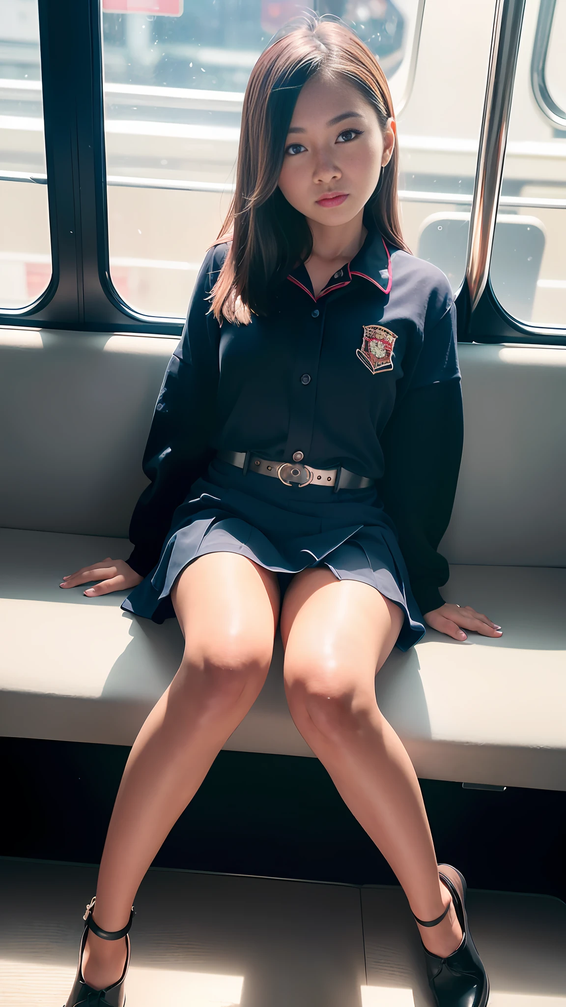 Highest quality, full body detail, golden ratio, (theater lighting: 0.7), masterpiece, viewer angle shot, ( 18 year old filipina, AndreaLee student wearing school uniform), looking straight having an, cute C cup Size breast, (sitting on the train legs open snip), small flat breasts, full body portrait, perfect face, amazing eyes, vivid details, (highly detailed skin), (blood: 0.7), accent lighting (backlight: 0.5), depth of field, iPhone 6, 50mm lens, f/4 aperture, (super detail), sharp focus, soft colors, 8k , conscious, 8mm film grain, war photography, see through wear angle up shot