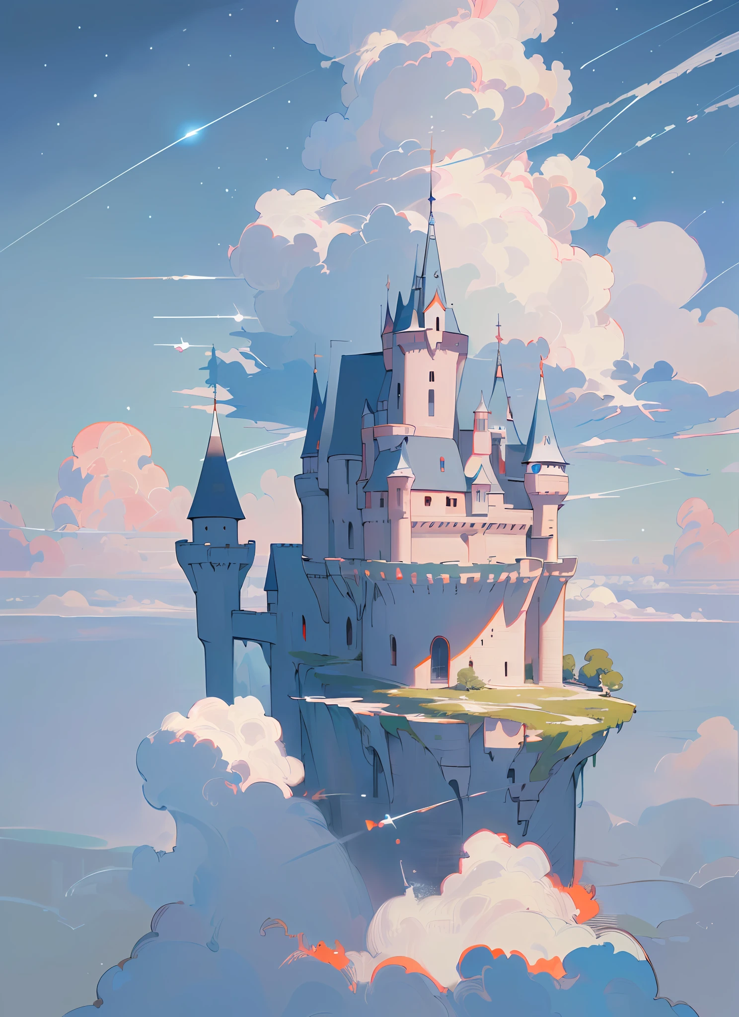 (((8k, RAW Photo, Best Quality, Masterpiece: 1.4))), Ultra High Resolution, Ultra Detailed, Illustration, Close Up, Environment Only, (Castle Flying in the Clouds), Howl's Moving Castle, Desolation , starry sky, future, imagination, outdoor