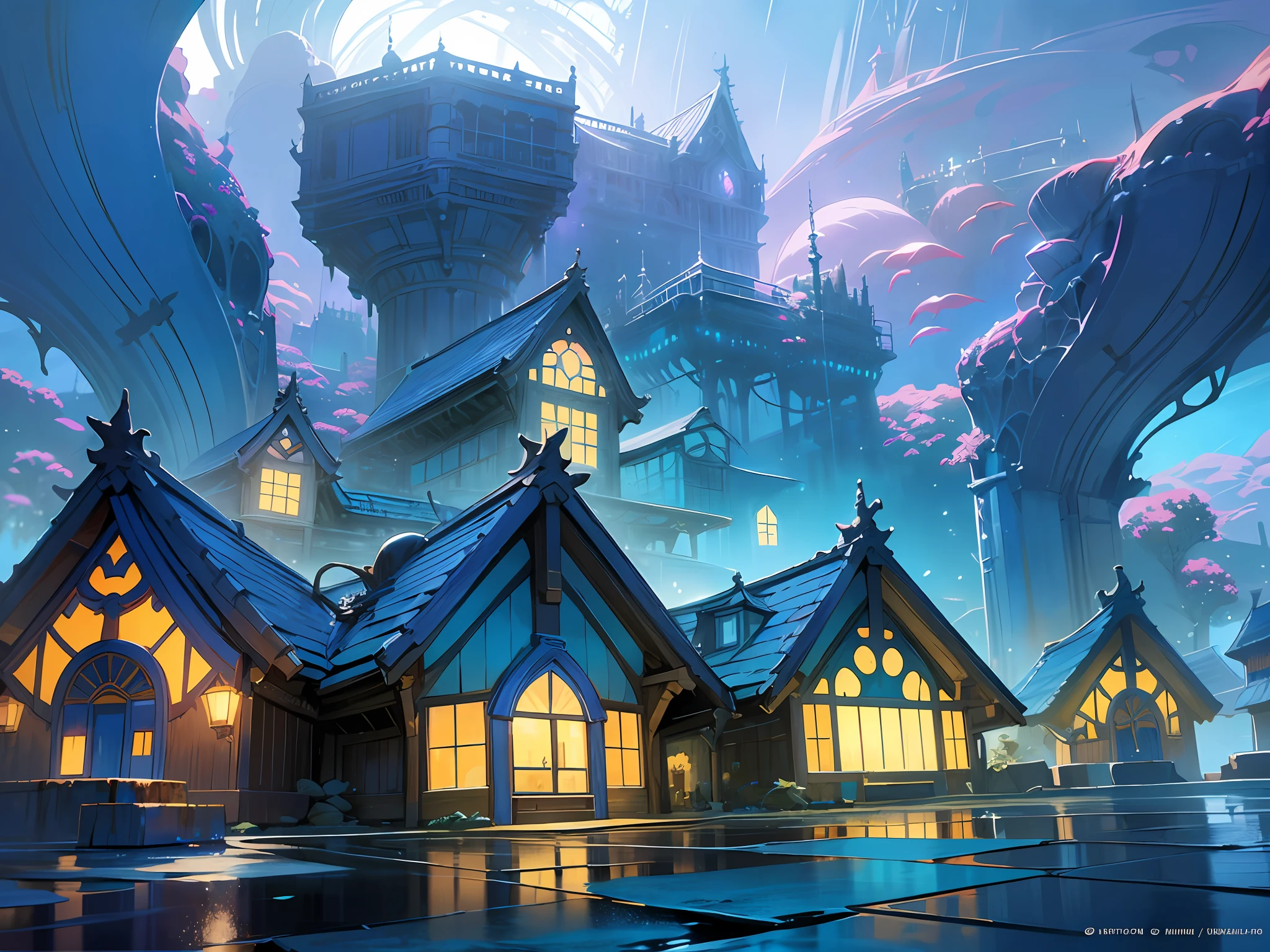 (Fantasy: 1.2), Color (Hayao Miyazaki style), (irregular building floating in the sea), patchwork cottages, flower decorations, lights, concept art inspired by Andreas Rocha, Artstation contest winner, Fantasy art, (underwater city), ross tran, light shafts, realistic lighting, masterpiece, high quality, beautiful graphics, high detail, masterpiece, high quality, beautiful graphics, high detail, --v6
