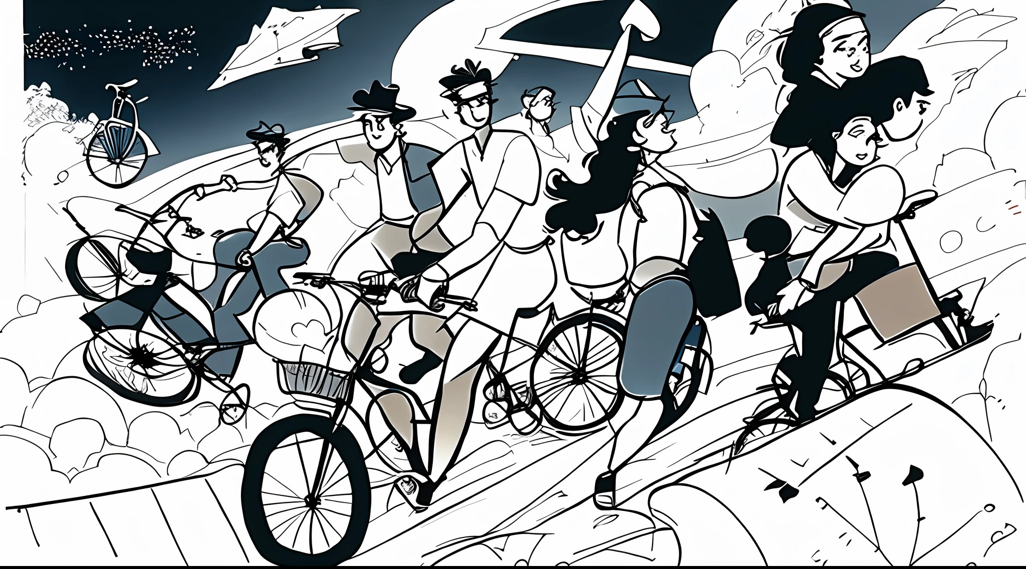 Sketch of a man and a woman riding a bicycle together, concept work, strong line art, random details, official illustration, full page illustration, stylized comic art, well drawn with super contrast, spontaneous lines, a panel, Inspired by Roberto da Matta, rough expressive lines, everyone having fun, rough abstract sketch, concept illustration