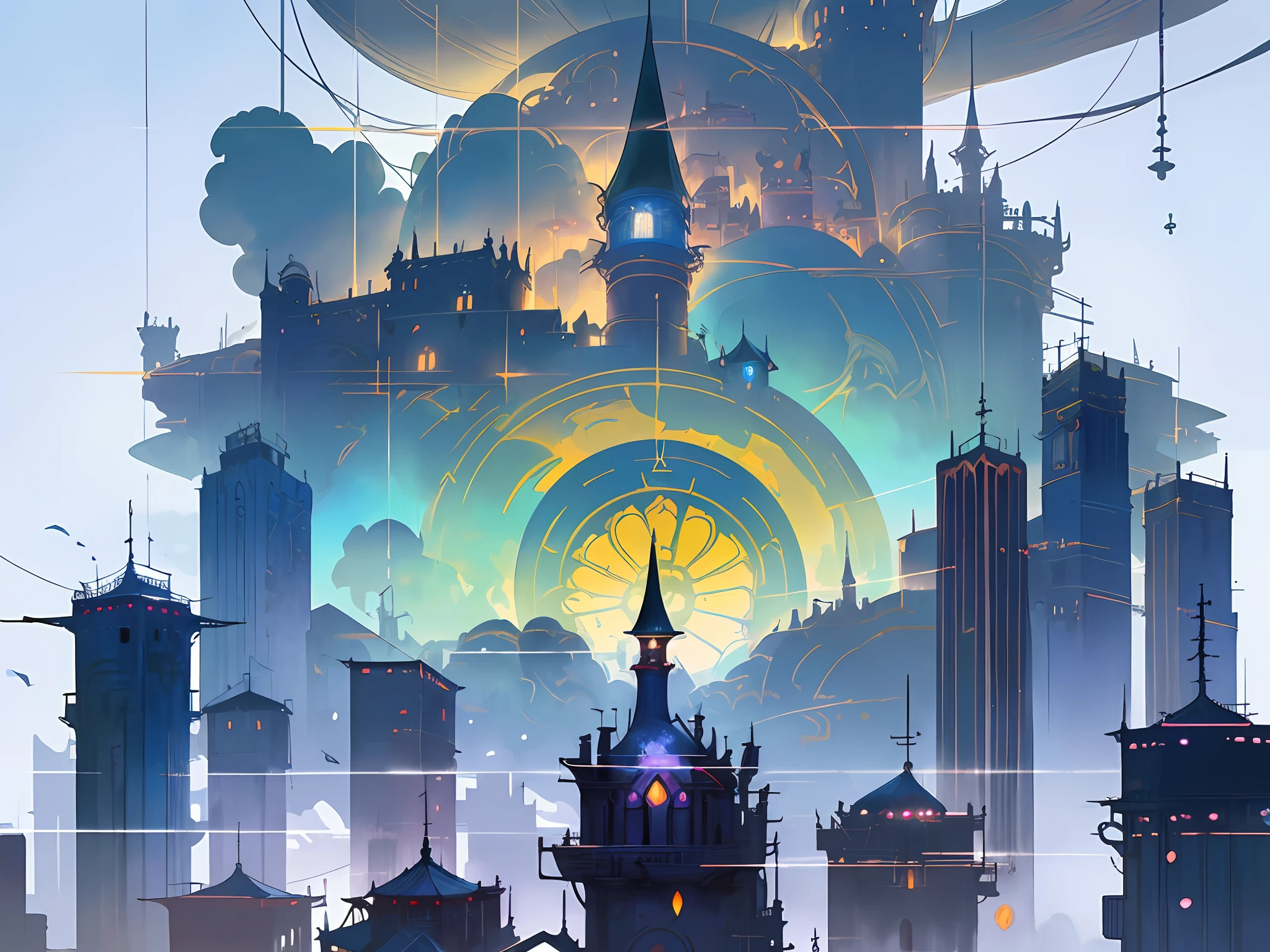 (Fantasy: 1.2), color (Hayao Miyazaki style), sky city, (irregular building floating in the air), patchwork houses, flower decorations, lights, concept art inspired by Andreas Rocha, Artstation contest winner, fantasy art, ross tran, light shafts, realistic lighting, masterpiece, high quality, beautiful graphics, high detail, masterpiece, high quality, beautiful graphics, high detail, --v6