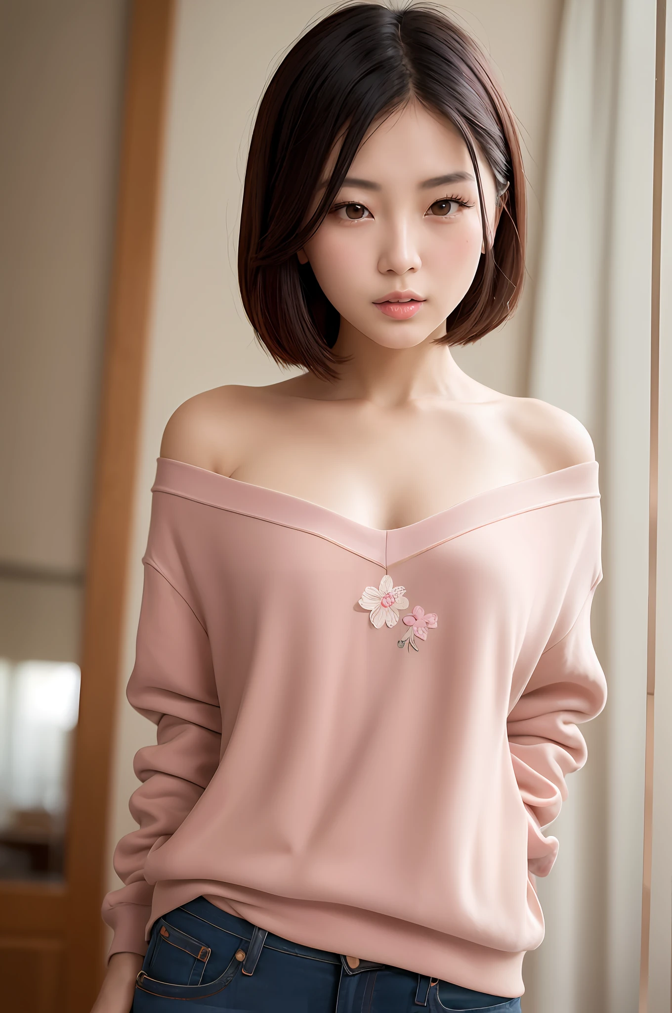 Gentle and charming Chinese beautiful woman, half body photo, delicate and sexy collarbone, charming oval face, double eyelids, smart peach blossom eyes, pink lips, small upturned nose, bare shoulders, focused face, face close-up, ultra-high-definition, Super detailed and standing elegantly, this appliquéd cotton-jersey sweatshirt is crafted from a mid-weight cotton-jersey with a small appliqué on the chest and has a loose, slouchy silhouette. Wear it with jeans.