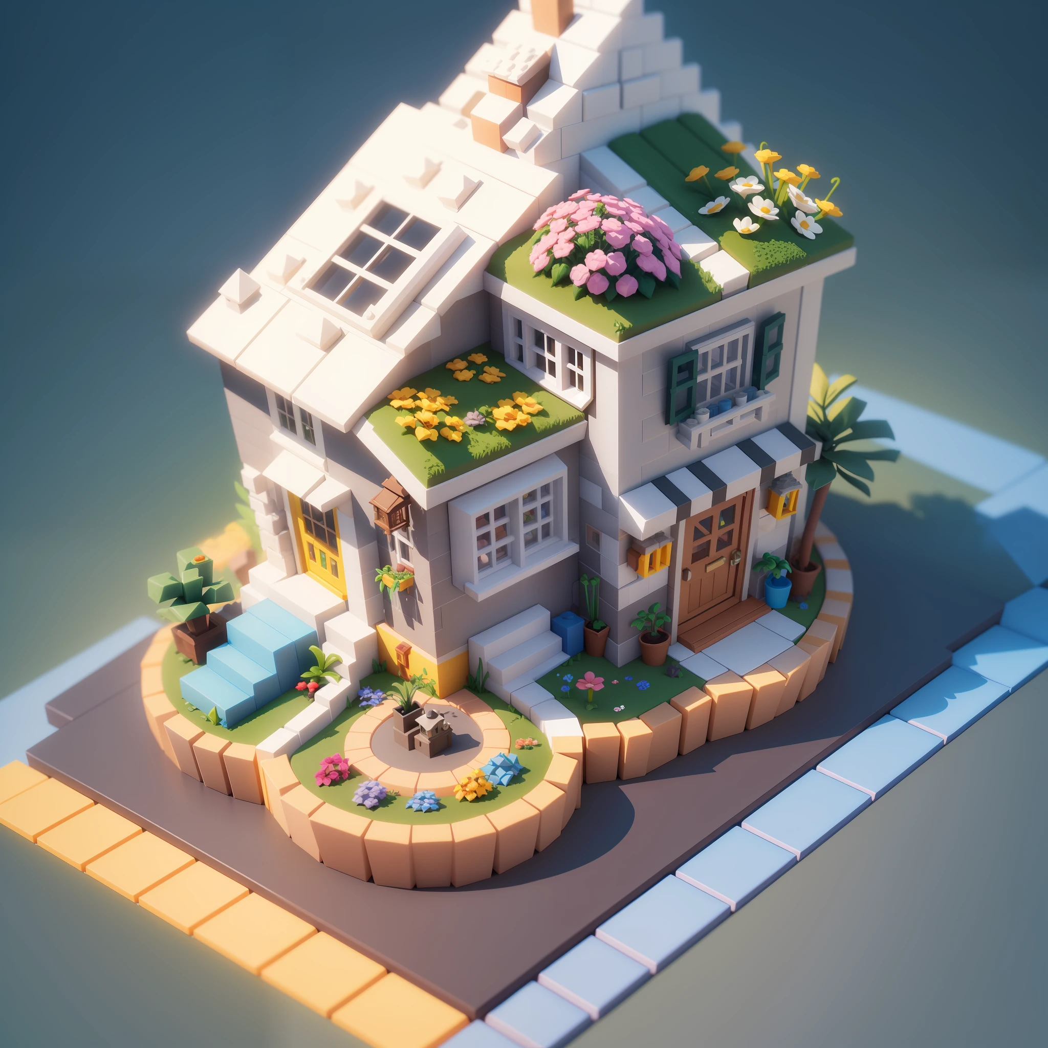 (Isometric perspective: 1.5), (Pixar style: 1.2)Cute architecture 3D artwork, flower house, LEGO style, ((low poly)), ,blender, OC renderer, dribble high detail 8k, studio lighting --v 6
