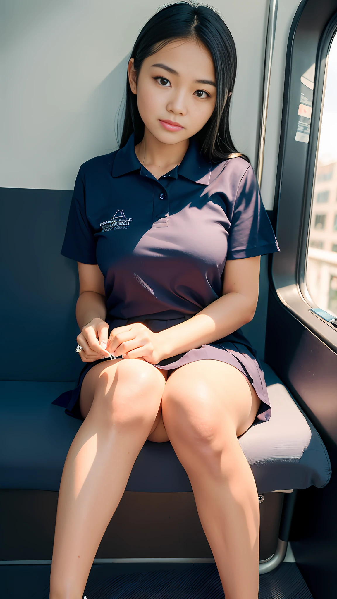 Highest quality, full body detail, golden ratio, (theater lighting: 0.7), masterpiece, viewer angle shot, ( 18 year old filipina, AndreaLee student wearing school uniform), looking straight happy, (sitting on the train legs open wide), full body portrait, perfect face, amazing eyes, vivid details, (highly detailed skin), (blood: 0.7), accent lighting (backlight: 0.5), depth of field, iPhone 6, 50mm lens, f/4 aperture, (super detail), sharp focus, soft colors, 8k , conscious, 8mm film grain, war photography, angle up shot