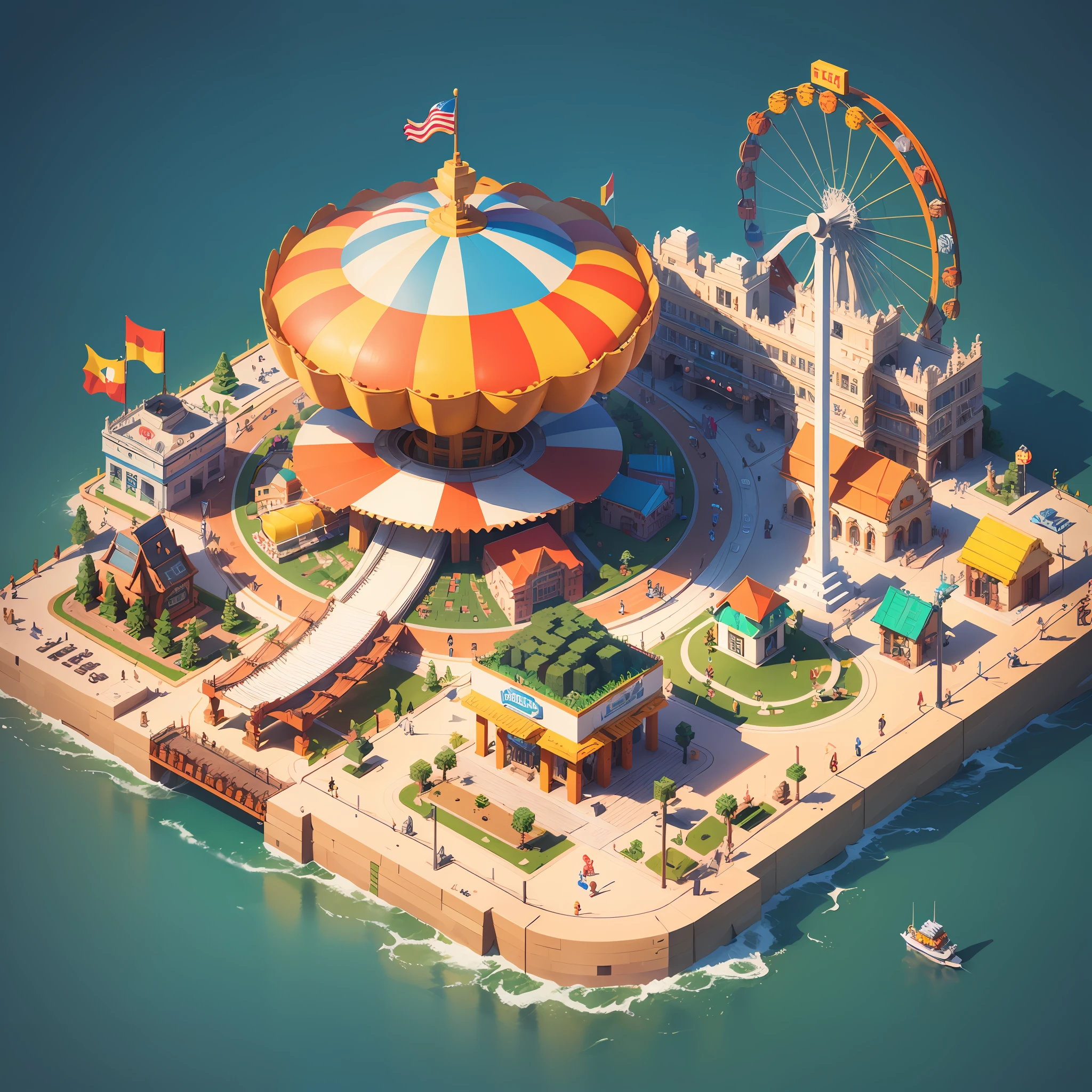 (Isometric Perspective: 1.5), (Pixar Style: 1.2), Amusement Park, Ferris Wheel, Circus, monkey, lion, tiger, flag, multimorph model game asset, pixel art, minecraft, LEGO style, tilt displacement, IP, blender , OC render, best quality, 4k, super detail --v 6