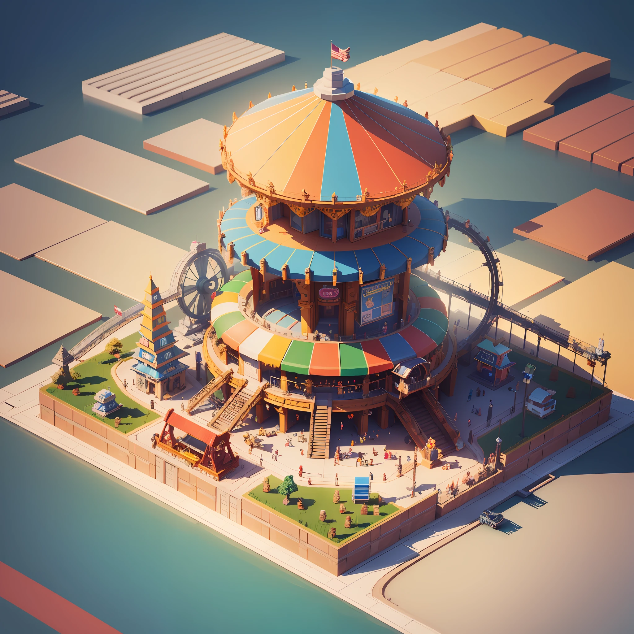 (Isometric Perspective: 1.5), (Pixar Style: 1.2), Amusement Park, Ferris Wheel, Circus, monkey, lion, tiger, flag, multimorph model game asset, pixel art, minecraft, LEGO style, tilt displacement, IP, blender , OC render, best quality, 4k, super detail --v 6