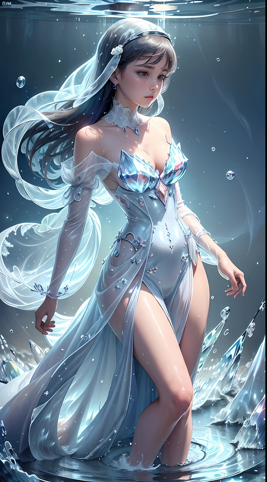 (Masterpiece, Top Quality, Best, Official Art, Beautiful and Aesthetic, Long Exposure: 1.2), Smooth Movement, Charming Patterns, 1 Girl, (No Cleavage: 1.4), (Long Dress with Sleeves: 1.3) , long blue dress, (small breasts: 1.2), bare shoulders, adult Russian woman, freckles, black lob hair, portrait, solo, upper body, looking at the observer, detailed background, detailed face, (crystallineAI, crystalline theme: 1.1 ), elemental water sprite, spinning water, controlling water, diamond clothes, dynamic pose, floating particles, ethereal dynamics, water, vapor, ocean in background, blue tint, coast, ethereal atmosphere,