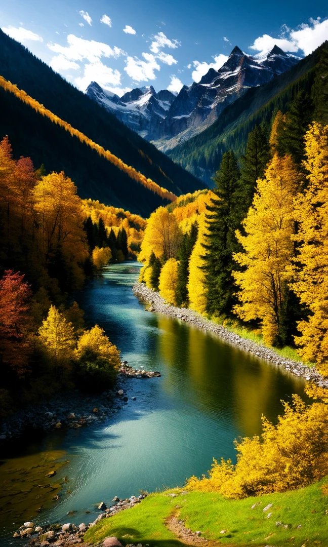 detailed background, masterpiece, best quality, landscape, mountains, river, forest, sun, day, clouds