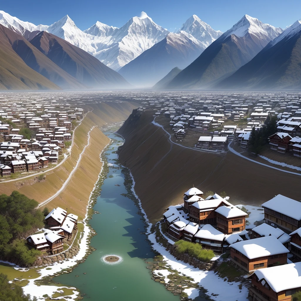 "The Sherpa-style Nepalese town is close to the snow-capped mountains, the ecological wetland river runs through it, and the lake is crystal clear. In the center of the picture is a wide and open public square, with traditional Nepalese huts on both sides. Details of the picture Depicting an old bus supported by a pair of truck wheels in a public square, the panoramic view shows a beautiful view of the town."