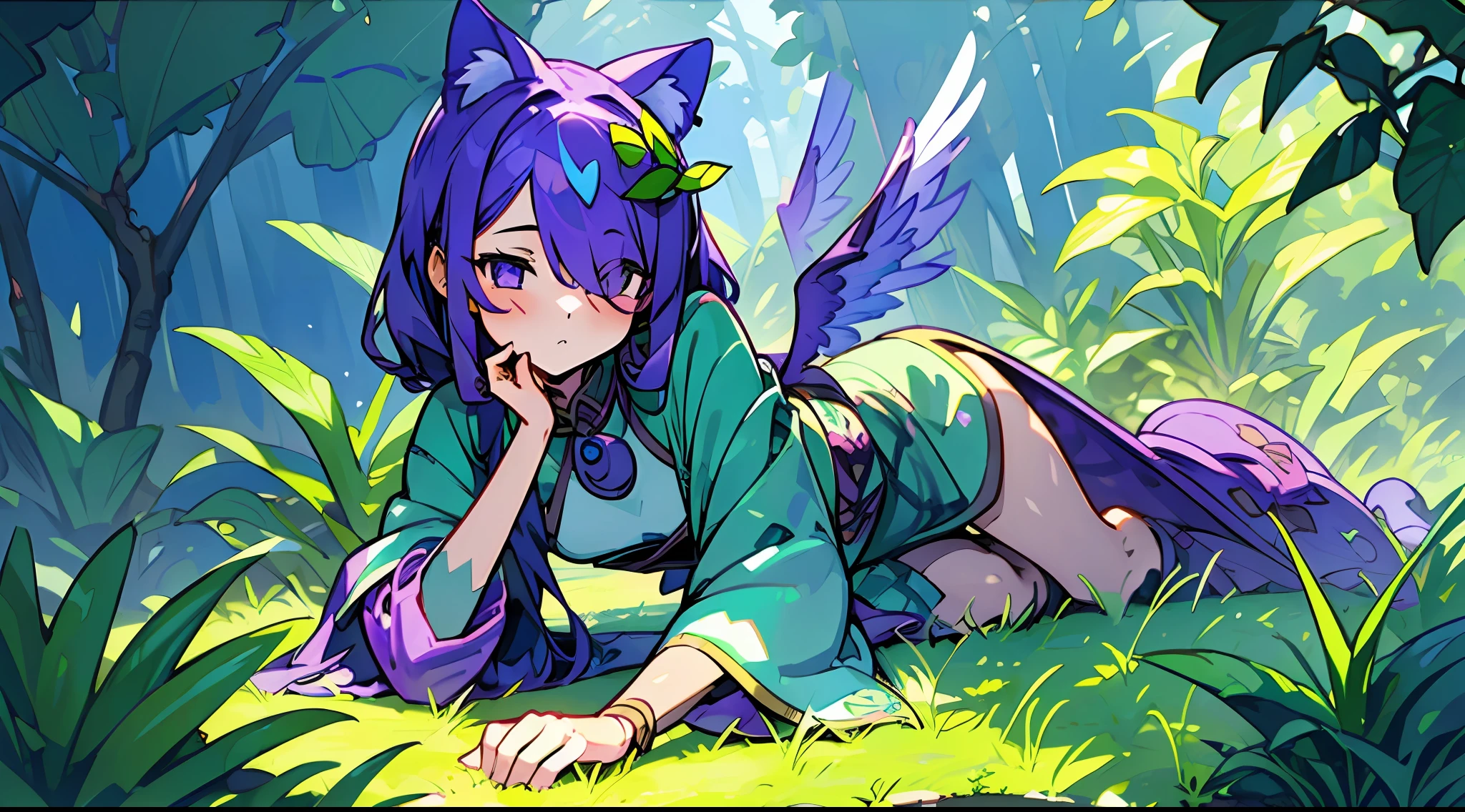 1girl, ((heart shaped leaves, purple_yam, winged_yam, ube,)) (full body, leaf, garden, plant, plant girl,) teal eyes, cat cat ears, sweet beautiful woman, glowing wings, ( purple hair, green streaks in hair, hair over one eye,) ((masterpiece)), colorful, (extremely detailed CG unity 8k wallpaper), (masterpiece), (best quality), (ultra-detailed), (best illustration),(best shadow),