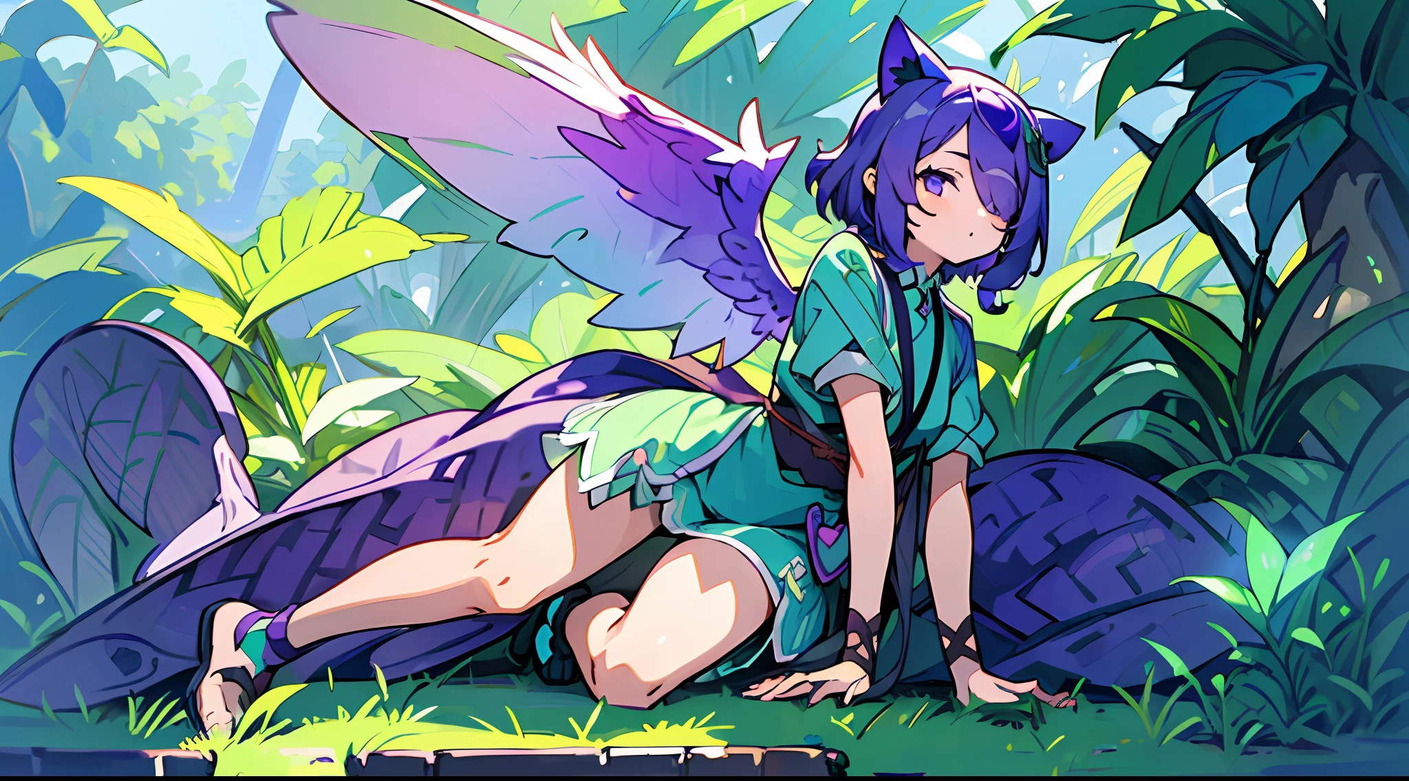 1girl, ((heart shaped leaves, purple_yam, winged_yam, ube,)) (full body, leaf, garden, plant, plant girl,) teal eyes, cat cat ears, sweet beautiful woman, glowing wings, ( purple hair, green streaks in hair, hair over one eye,) ((masterpiece)), colorful, (extremely detailed CG unity 8k wallpaper), (masterpiece), (best quality), (ultra-detailed), (best illustration),(best shadow),
