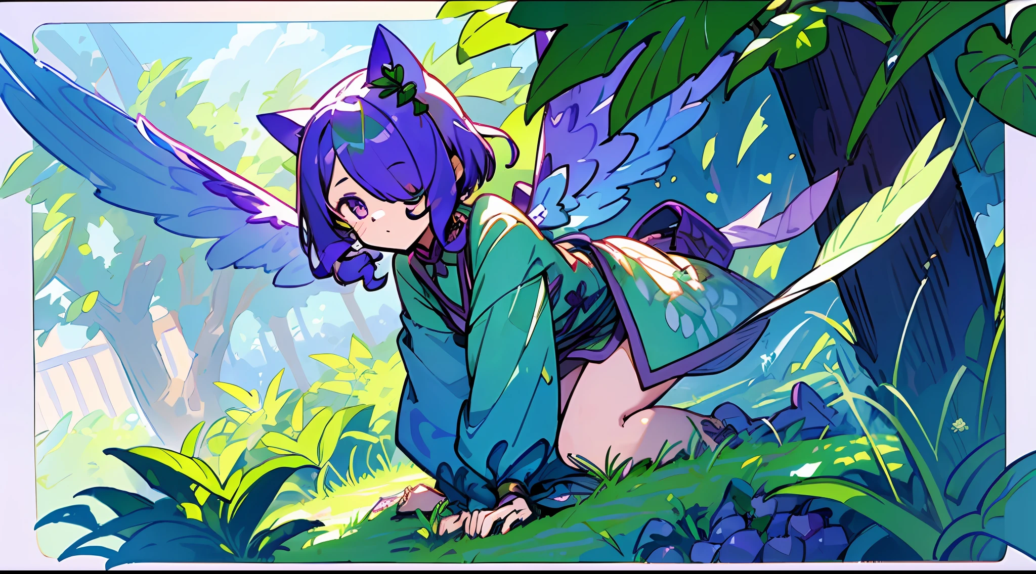 1girl, ((heart shaped leaves, purple_yam, winged_yam, ube,)) (full body, leaf, garden, plant, plant girl,) teal eyes, cat cat ears, sweet beautiful woman, glowing wings, ( purple hair, green streaks in hair, hair over one eye,) ((masterpiece)), colorful, (extremely detailed CG unity 8k wallpaper), (masterpiece), (best quality), (ultra-detailed), (best illustration),(best shadow),