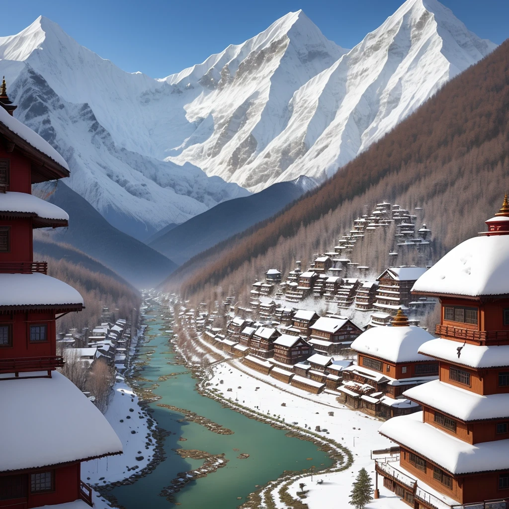 A Sherpa-style Nepalese town, backed by snow-capped mountains and ecological wetland elements. The center of the town is a wide open public square, flanked by traditional Nepalese huts. The details of the picture depict a Nepalese-style bus parked in the public square, and the panoramic view shows the beautiful town scenery.