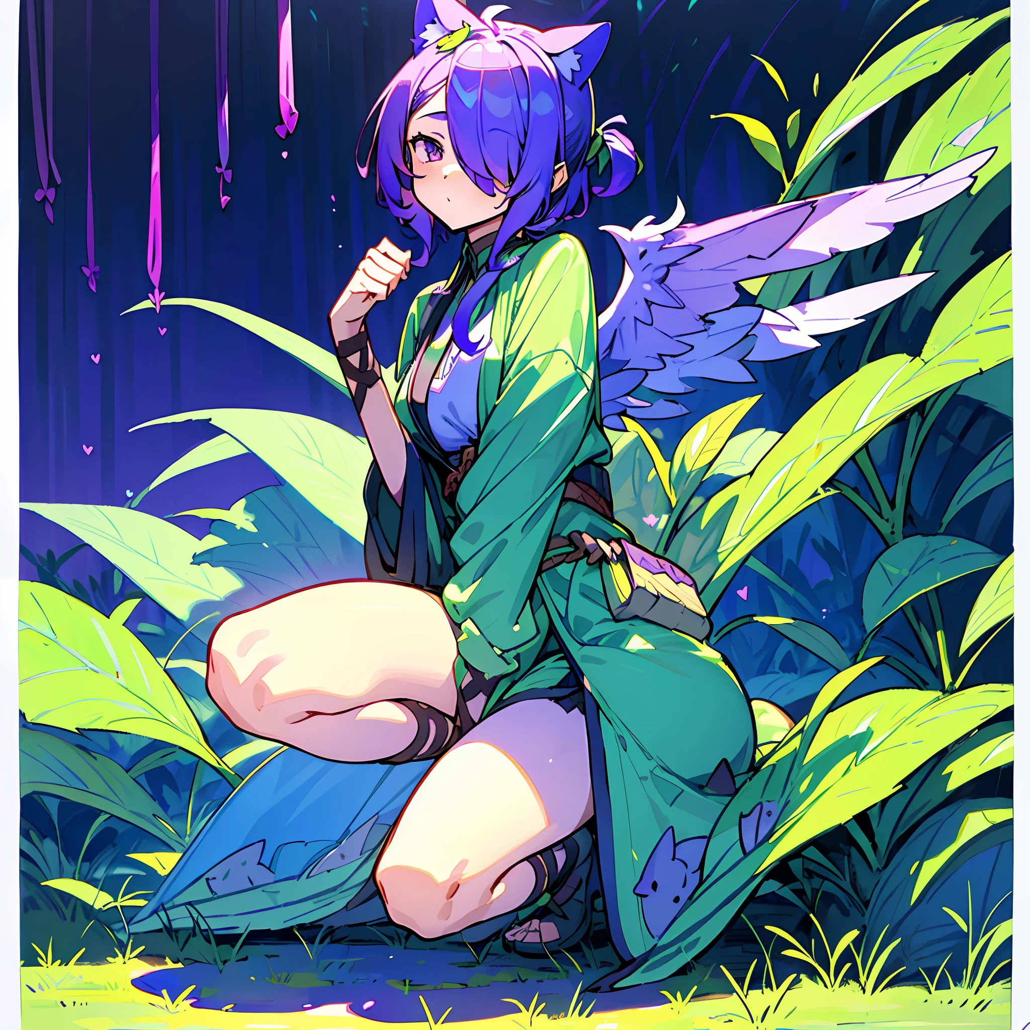 1girl, ((heart shaped leaves, purple_yam, winged_yam, ube,)) (full body, leaf, garden, plant, plant girl,) teal eyes, cat cat ears, sweet beautiful woman, glowing wings, ( purple hair, green streaks in hair, hair over one eye,) ((masterpiece)), colorful, (extremely detailed CG unity 8k wallpaper), (masterpiece), (best quality), (ultra-detailed), (best illustration),(best shadow),