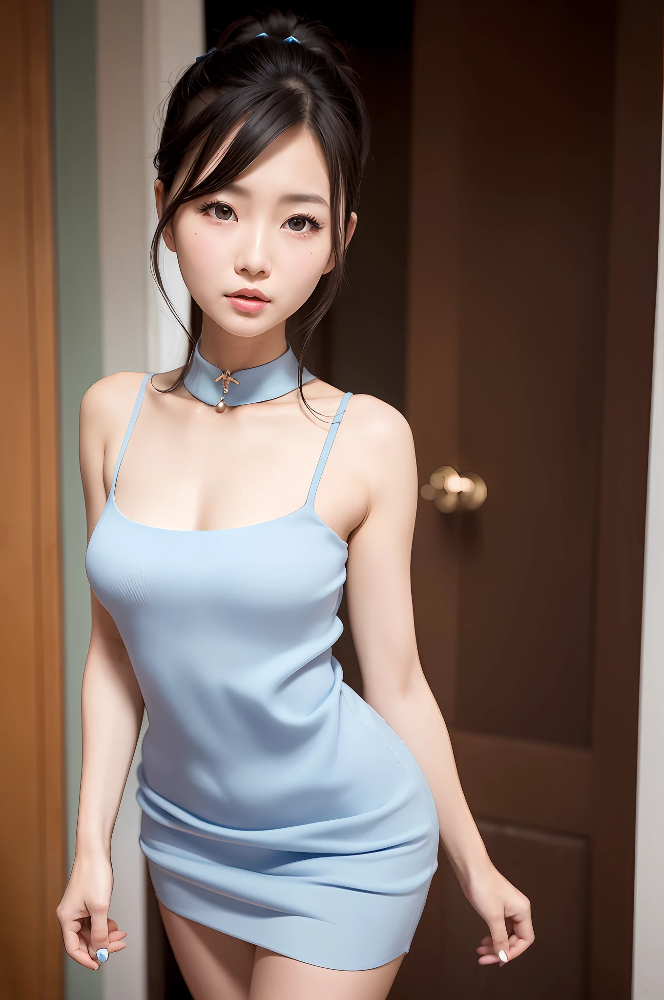 Gentle and charming Chinese beautiful woman, half-length photo, delicate and sexy collarbone, charming oval face, double eyelids, vivid peach blossom eyes, pink lips, small nose, bare shoulders, focused face, face close-up, ultra-high-definition, Super detailed for standing, this blue ribbed pointelle knit mini dress features statement ribbed and pointhole details in a skater-inspired blue dress, scoop neckline for sexy flair and voluminous gathered A-line skirt for Modify the proportions of the figure, with simple white sandals and a gray-blue skirt.