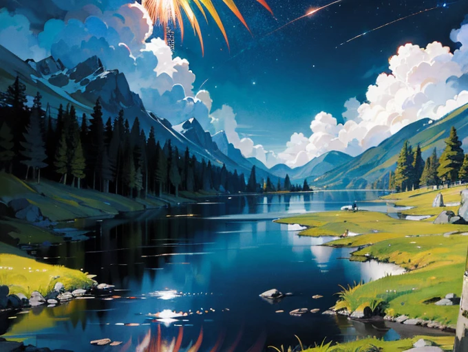 absurdres, highres, ultra detailed, (1girl:1.3), BREAK , Illustrate a vibrant night sky filled with colorful fireworks, celebrations, and a festive atmosphere. BREAK , Design a messenger from the spirit realm, with the ability to communicate with the dead, guide lost souls, and traverse the veil between worlds. BREAK , Create a panoramic image, capturing a wide field of view and showcasing expansive landscapes or cityscapes. BREAK , Capture a serene lakeside view, with calm waters, lush vegetation, and a sense of tranquility and reflection. BREAK , Illustrate a subject relaxing in a grassy meadow, capturing their sense of peace, contentment, and connection to nature. BREAK , Create a surreal dreamscape, with distorted perspectives, bizarre juxtapositions, and a sense of the fantastical that defies logic and reason.