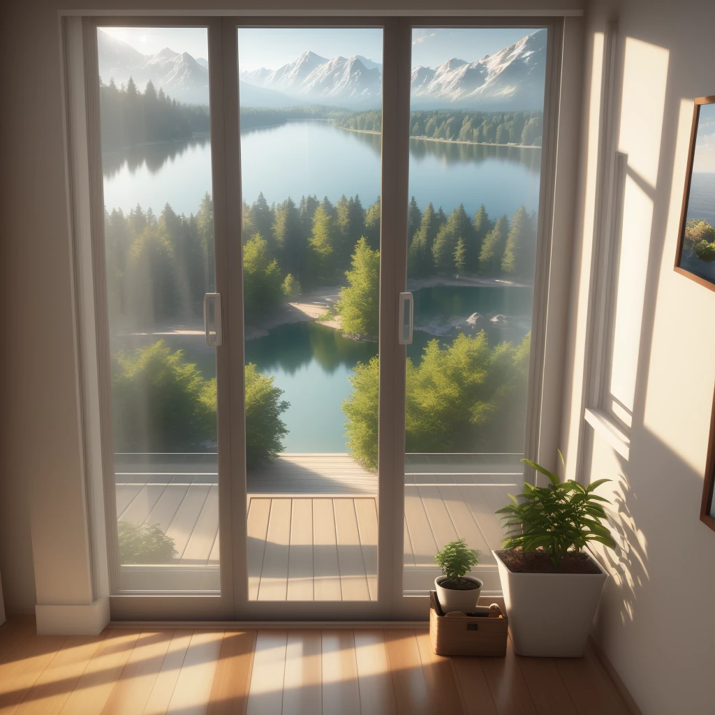There is a picture of a lake view through a window, realistic 3d rendering, beautiful landscape rendering, super detailed rendering, photorealistic rendering, everyday rendering, (octane rendering) interior with sunlight