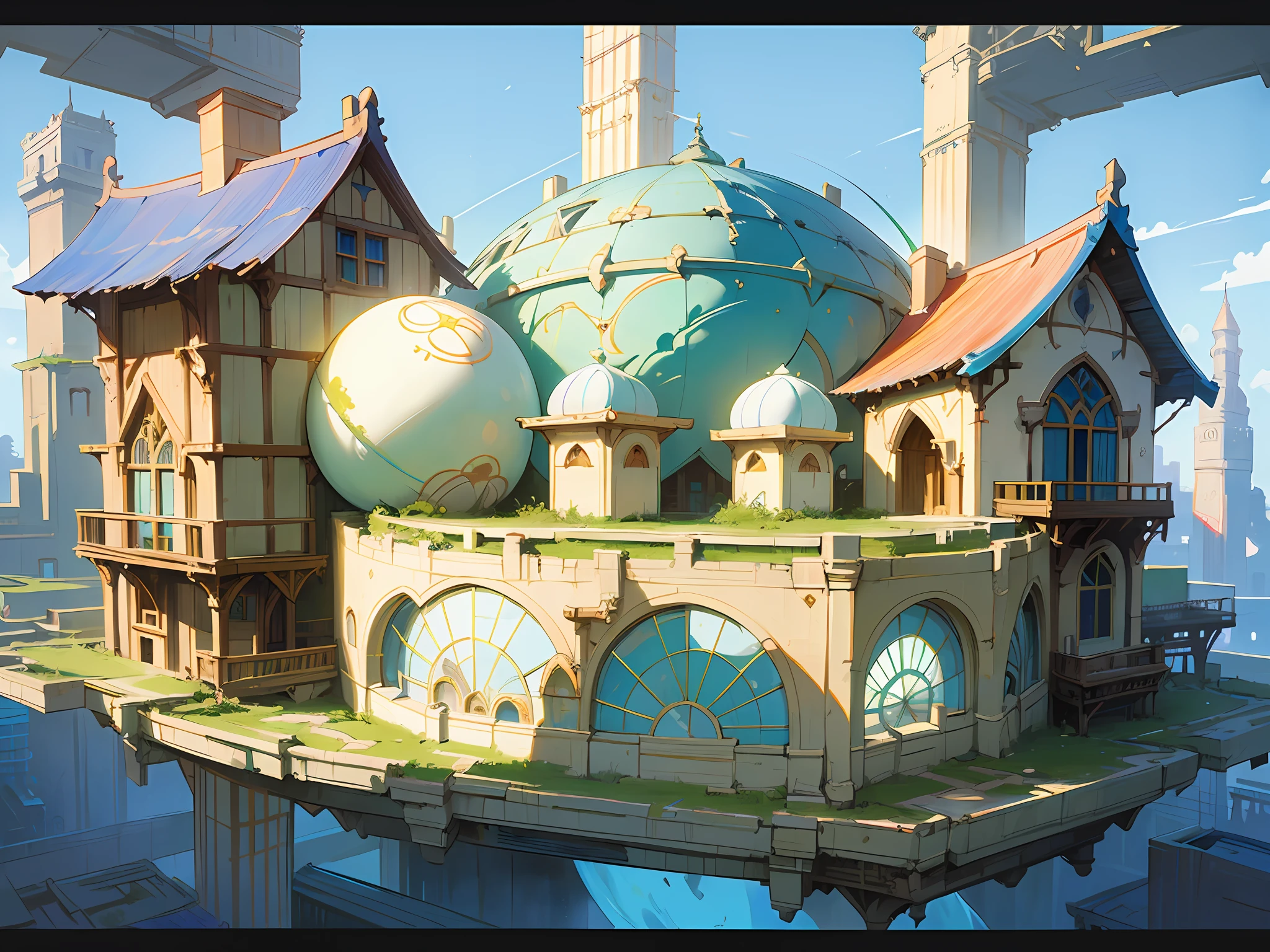 Color (Fantasy: 1.2), (Hayao Miyazaki style), sky city, (irregular building floating in the air), patchwork houses, flower decorations, lights, concept art inspired by Andreas Rocha, Artstation contest winner, fantasy art, ross tran, light shafts, realistic lighting, masterpiece, high quality, beautiful graphics, high detail, masterpiece, high quality, beautiful graphics, high detail, --v6