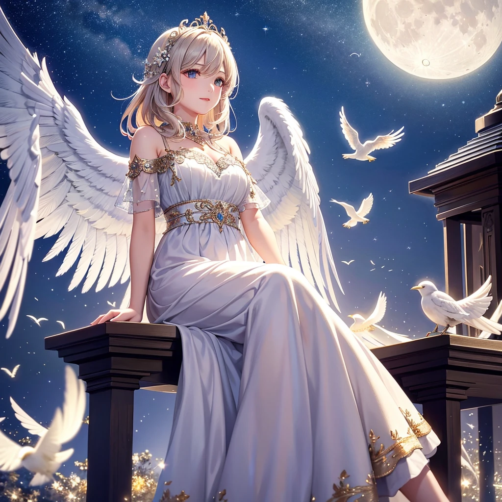 cute angel with feathered wings looking to the night sky, ((gorgeous face)),  sitting on the outer egde marble gazebo at night garden and surrounded by white litle birds flying around her, all illuminated by the moon, intricate detailed, professional lighting, high definition, 8k, studio light