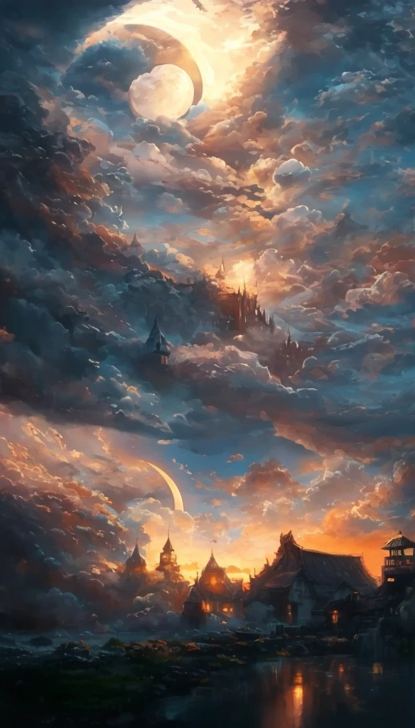 there is a picture of a painting of a sunset with a moon, 4k highly detailed digital art, detailed dreamscape, atmospheric fantasy sky, 4k detailed digital art, beautiful art uhd 4 k, detailed fantasy digital art, 4 k hd wallpaper very detailed, clouds. fantasy, 4 k detail fantasy, 8k high quality detailed art, detailed sky, glowing clouds