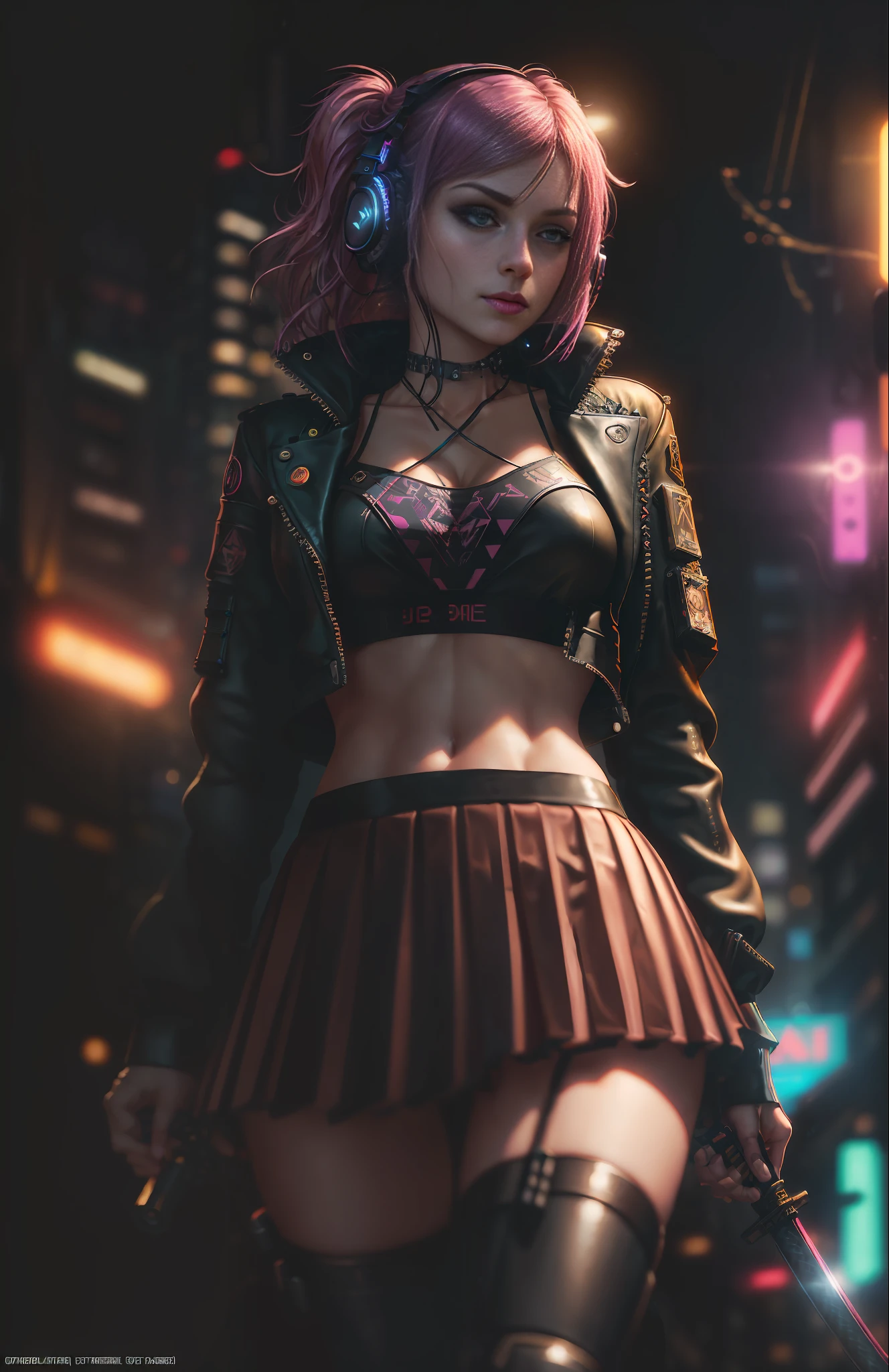 Best Quality, Realistic, Realistic, Award-Winning Illustration, (Complicated Detail: 1.2), (Fine Detail), (Complicated Detail), (Cinematic Lights, Best Quality Backlight), Crisp Lines, Crisp focus, official art, unity 8k wallpaper, absurd, unbelievably absurd, huge file size, ultra- (in_main_street:1.21), (neon lamp), fantasy art, rtx,((triangle closeup photo by award winning studio )), 1girl, very pretty, (shut up), small boobs, ((Cyberpunk city Street, Battle Maiden, Katana, robot arm)), beautiful detailed eyes, Perfect Face, (Cyberpunk blouse, leather jacket, Martin boots) ,(headphones_around_neck),(headphones_around_hair),((pleated skirt) ), ((supermodel pose)),