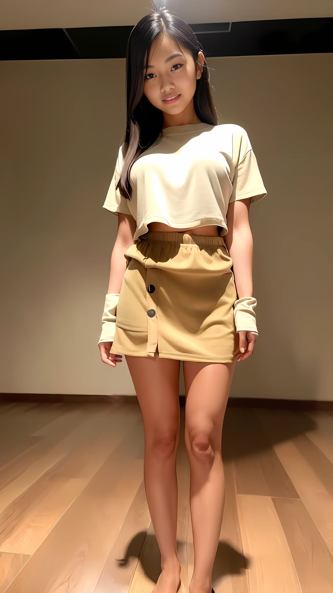 Highest quality, full body detail, golden ratio, (theater lighting: 0.7), masterpiece, viewer angle shot, ( Tanned 18 year old Filipina girl AndreaLee), looking straight happy, (standing on the floor wearing see trough over sized shirt and pulling her skirt up to see her undies), full body portrait, perfect face, amazing eyes, vivid details, (highly detailed skin), accent lighting (backlight: 0.5), depth of field, iPhone 6, 50mm lens, f/4 aperture, (super detail), sharp focus, soft colors, 8k , conscious, 8mm film grain, war photography, angle up shot