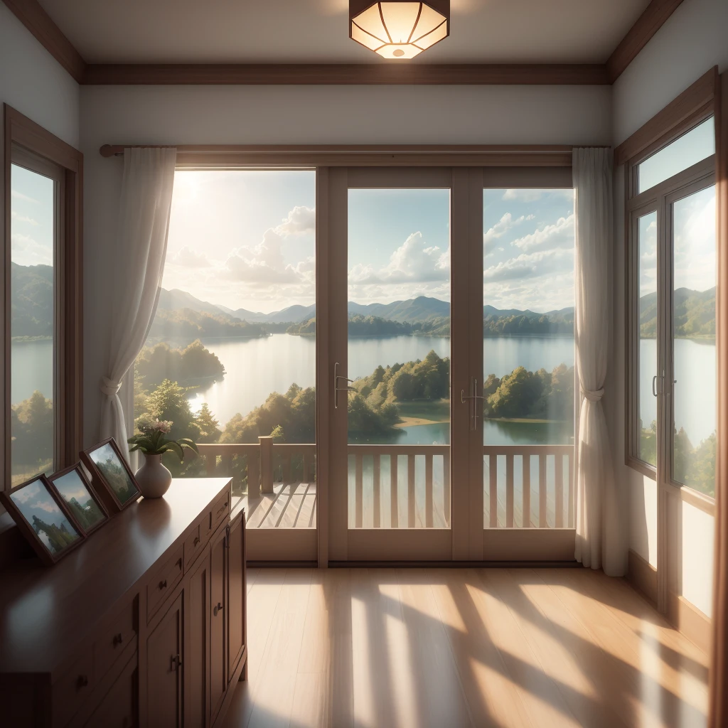 There is a picture of a lake view through a window, stylized 3d render, beautiful landscape render, hyper detailed render, photorealistic render, everyday render, octane render) sunlight shining indoors