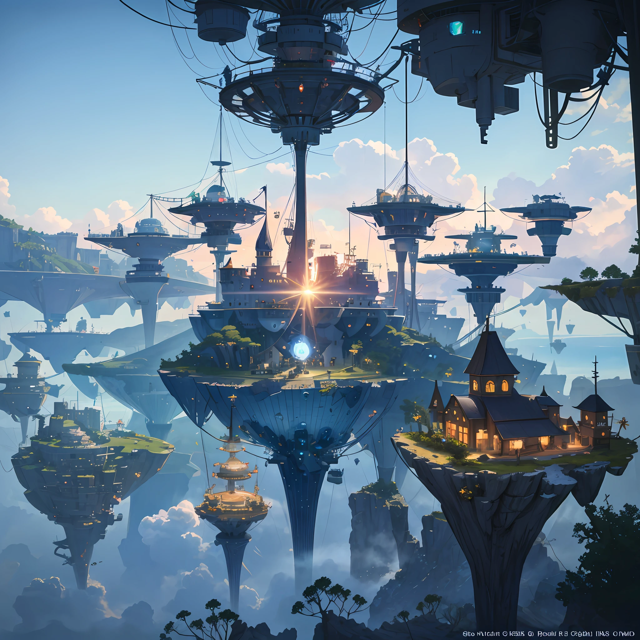 Many islands are suspended in the air with many small airships flying around, cities, fantasy, magical plants growing, extreme details, realistic light, epic composition, (complex details), (complex design, ultra-details :1.2), Art Station, (Masterpiece, Best Quality), Ultra HD, 32k --v 6