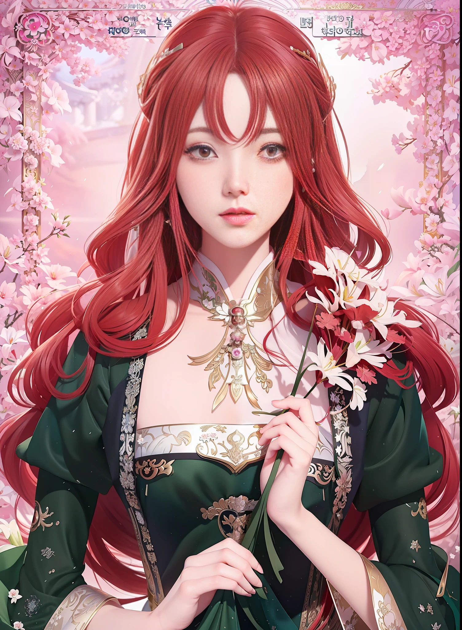 a close-up of a woman with long red hair holding a bouquet of white lilies, in the art style of bowater, anime art nouveau, korean art nouveau anime, beautiful seductive anime woman, sui ishida art manga, beautiful anime woman, marin kitagawa fanart, detailed anime character art, colored manga art, digital manga art, ((a beautiful fantasy empress))
