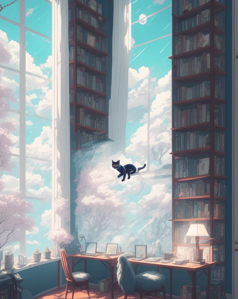 hestyle room, beautiful gaming room, windows, cinematic lighting, evening time, black cat on shelf facing window with books, lamp, rainy day, studio ghibli style