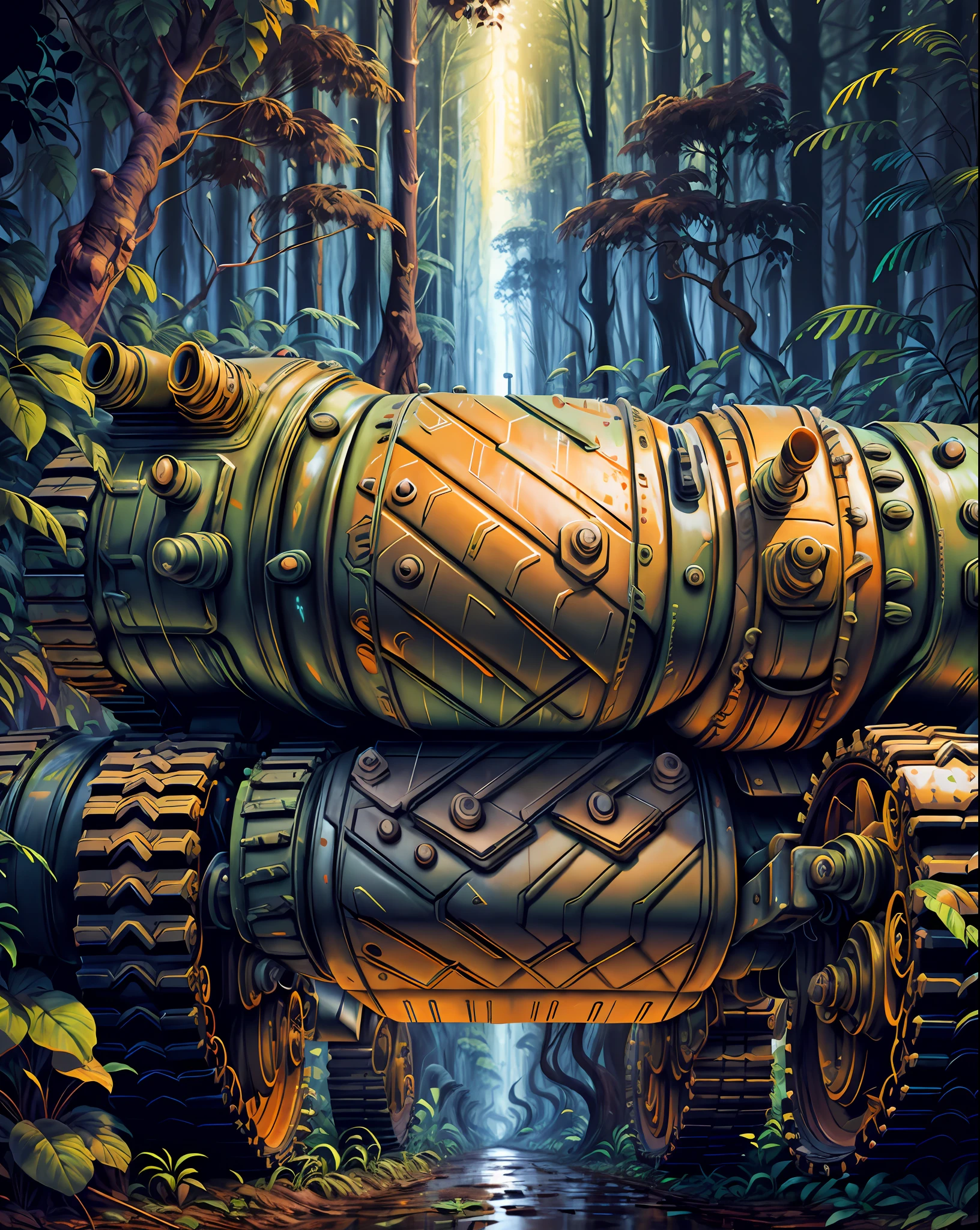 Future tanks in the jungle, (close-up)) detailed, muddy floors, rainy weather, digital painting, artstation, conceptual art, amazing, high detail, very detailed, beautiful, camera building, surrealism, Unreal Engine 5