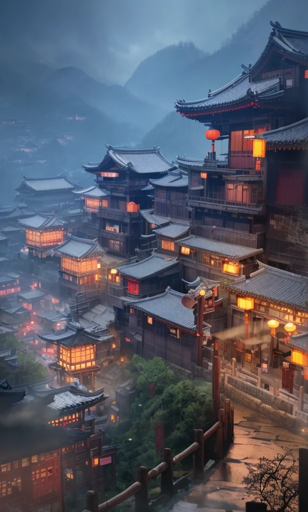 arafed view of a village with a lot of lights on the buildings, dreamy chinese town, chinese village, amazing wallpaper, japanese town, japanese village, hyper realistic photo of a town, old asian village, japanese city, by Raymond Han, rainy evening, cyberpunk chinese ancient castle, beautifully lit buildings, at evening during rain, beautiful and aesthetic, photography, cinematic, 8k, high detailed ((Heavy rain)))