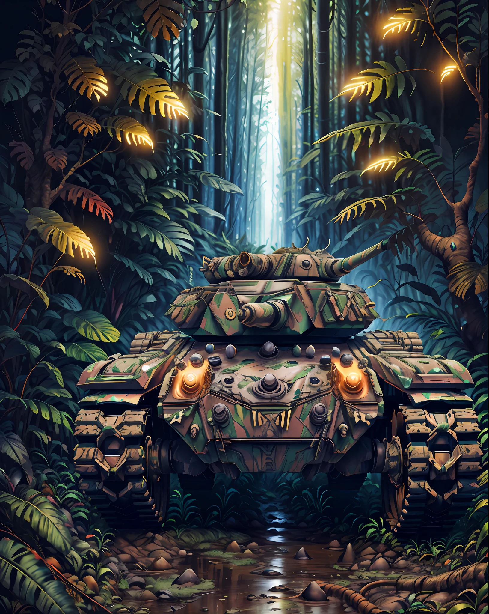 Future tanks in the jungle, (close-up)) detailed, muddy floors, rainy weather, digital painting, artstation, conceptual art, amazing, high detail, very detailed, beautiful, camera building, surrealism, Unreal Engine 5