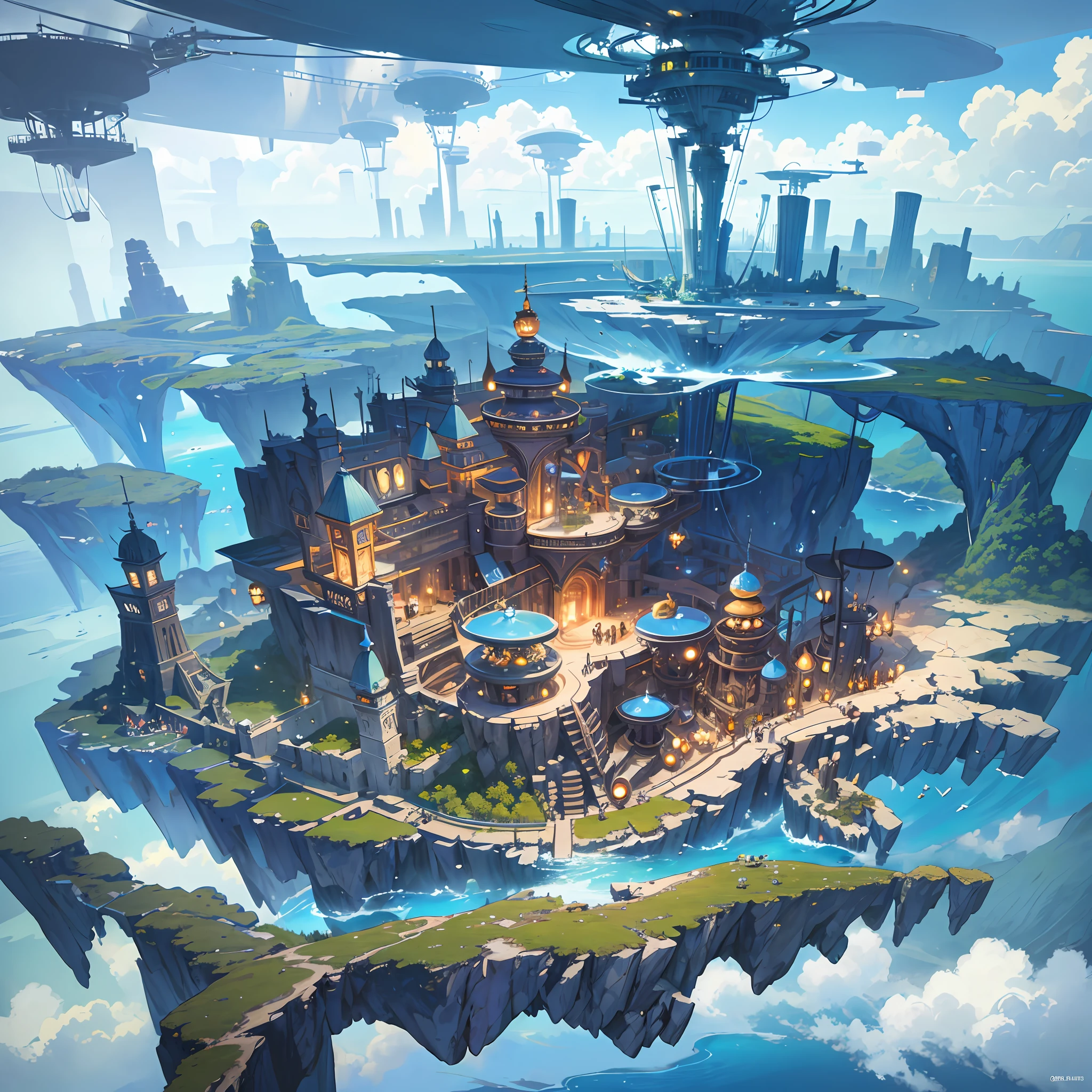 Many islands are suspended in the air with many small airships flying around, cities, fantasy, magical plants growing, extreme details, realistic light, epic composition, (complex details), (complex design, ultra-details :1.2), Art Station, (Masterpiece, Best Quality), Ultra HD, 32k --v 6
