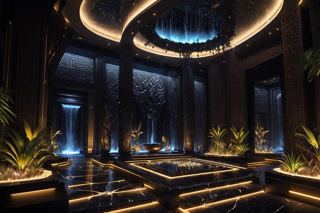 incredible black luxurious futuristic interior in Ancient Egyptian style with many ((lush plants)) (lotus flowers), ((palm trees)), (((african flowers and plants))), rocky walls, ((sand)), ((waterfalls)) (marble), ((precious minerals)), ((metals)), (gemstones), crystals, clouds and (water), (hieroglyphics), ((trees flowers plants made out of gemstones precious minerals and lights)), crocodiles, (((ultra luxury))), (black marble) – with ((beautiful lights)), Unreal Engine, HQ, 16k