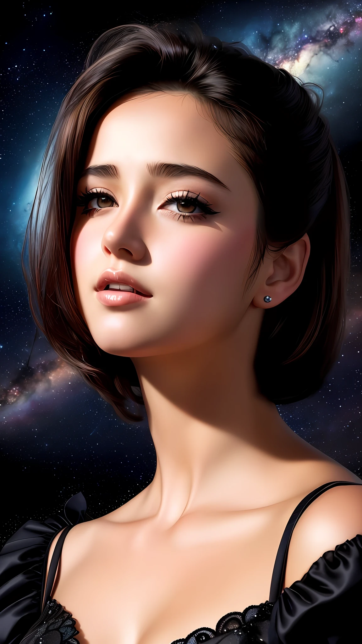 Sadness, first broken heart, drama, romance, (vector-art:1.1), night sky, fabian perez, fantasy sky, realistic eyes, norman rockwell, nebula galaxy color light, detailed realistic professional art masterpiece